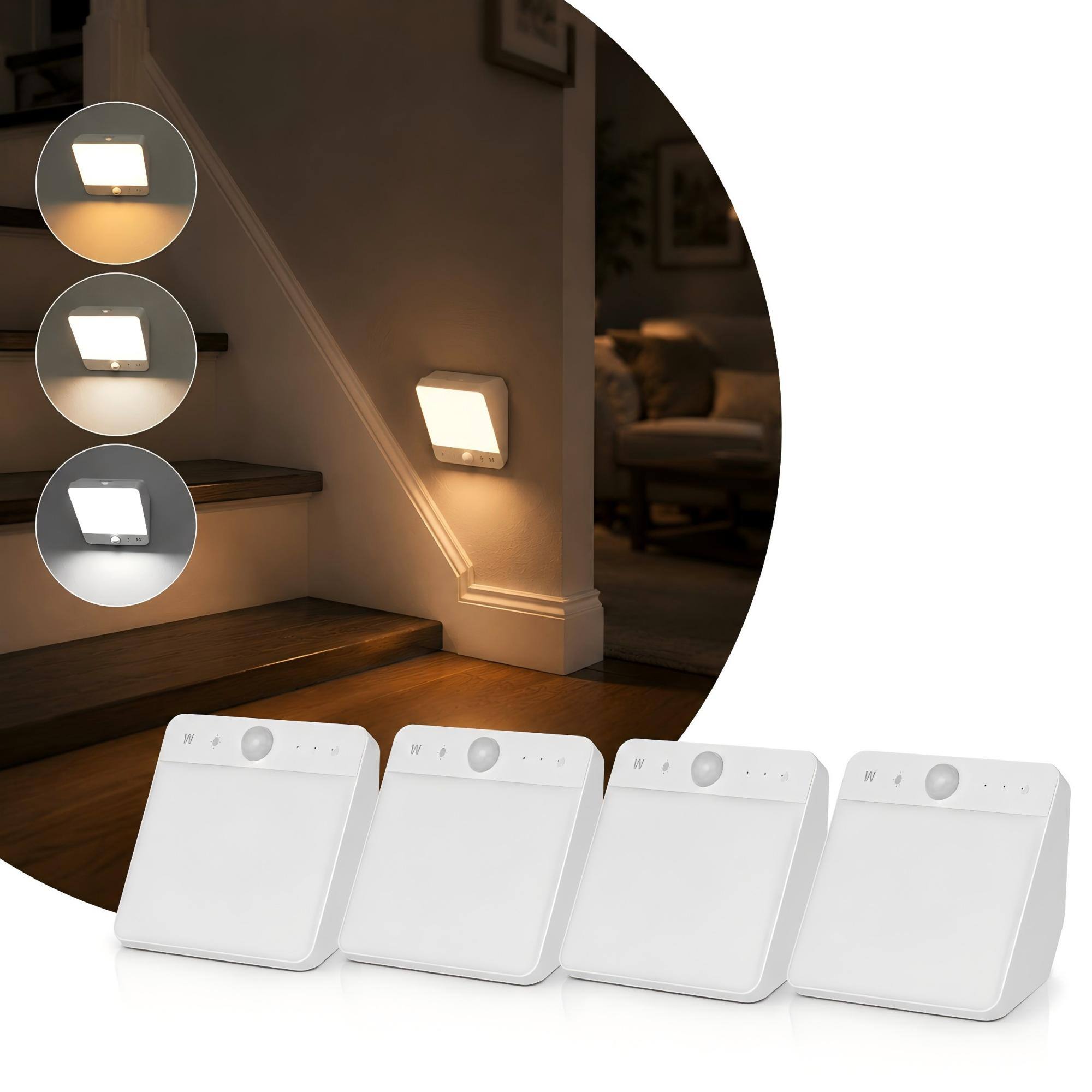 Angle. Jandcase - JANDCASE 4-Pack 0.5W Battery Operated Motion Sensor Night Light, 3CCT Selectable,, Touch Control, Stepless Dimming - White.