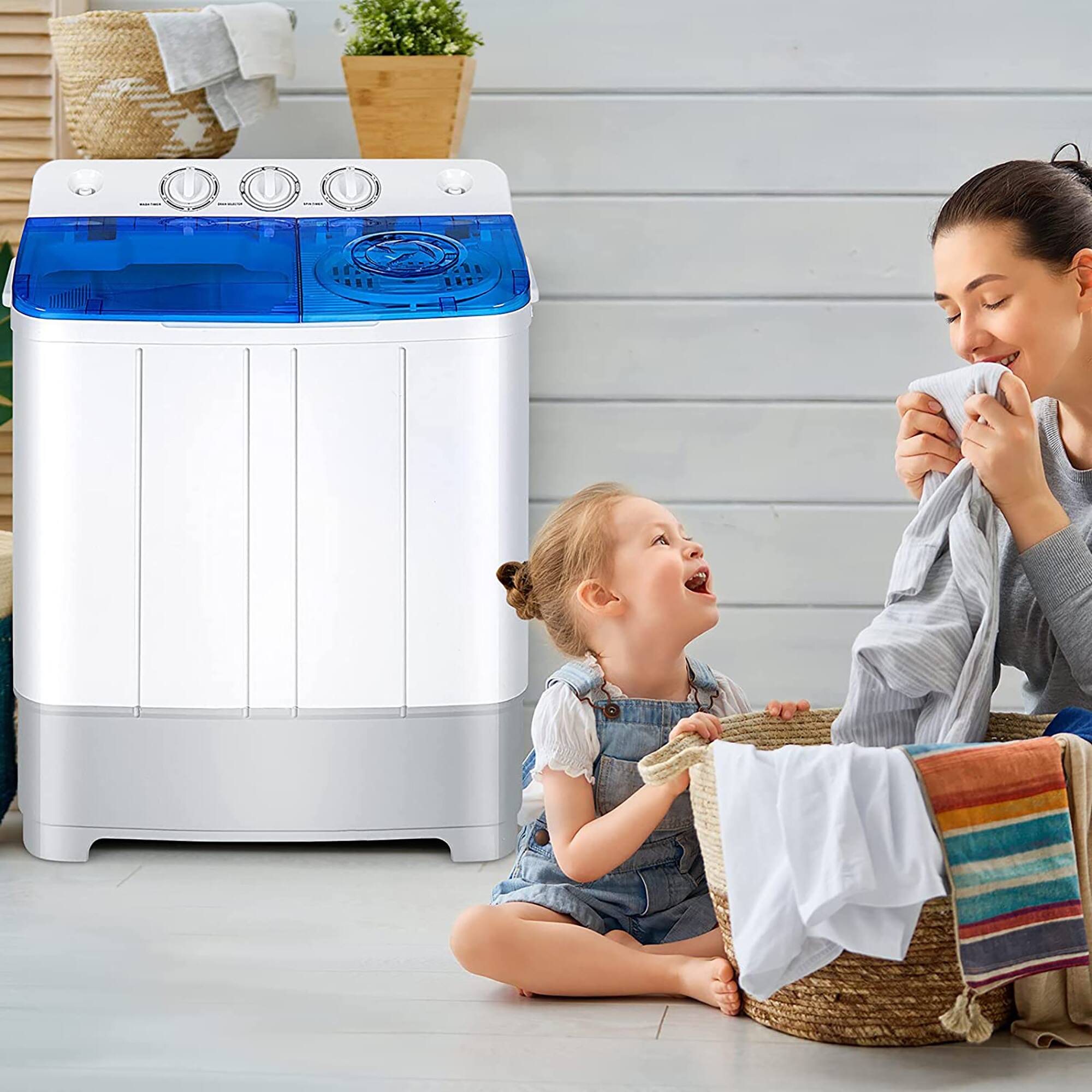 Angle. Costway - 13.2 lb. Portable Twin Tub Washing Machine Washer and Spinner 8.8 lb. - Blue and White.