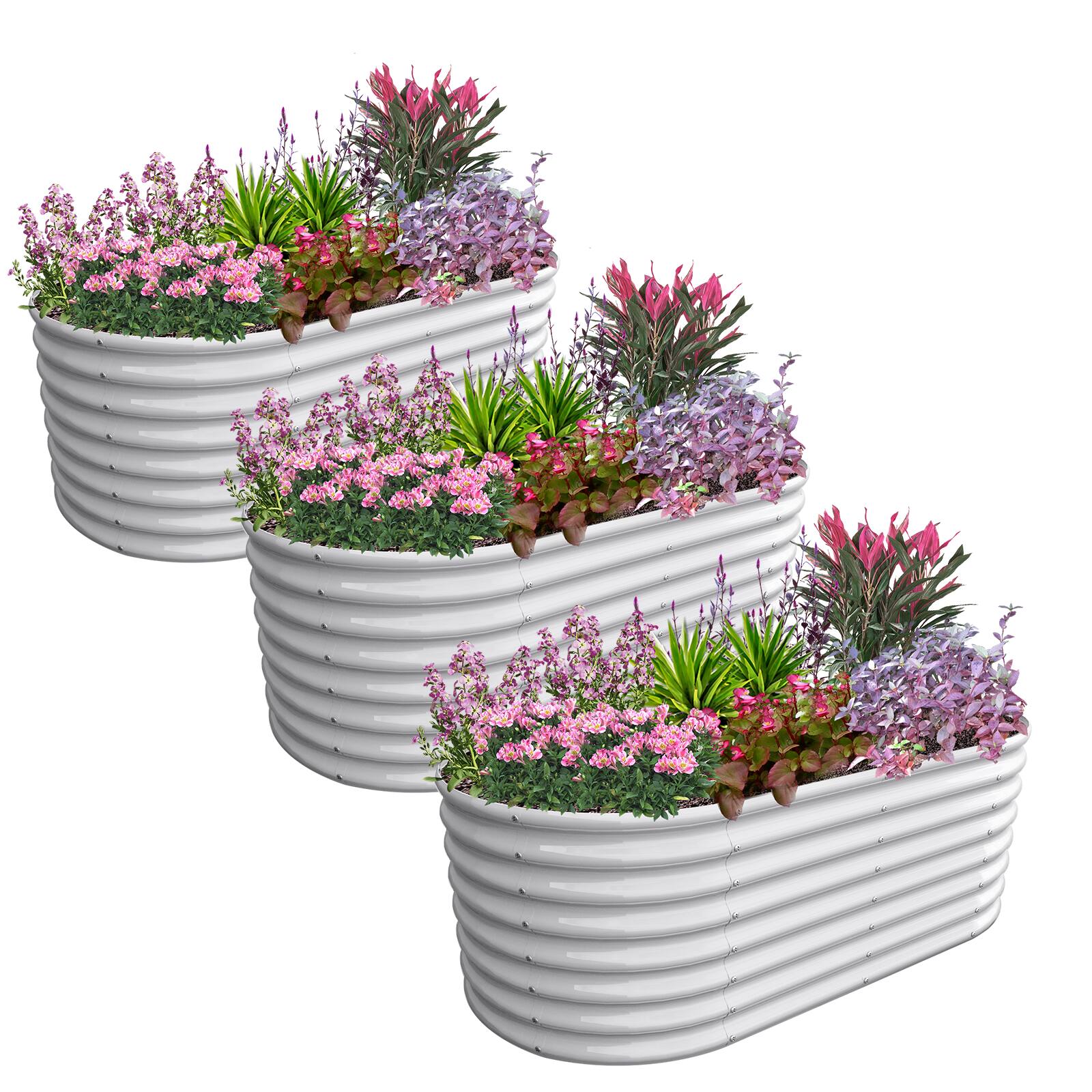 A Anleolife - 3-Pack Metal Oval Raised Garden Bed Planter Box for Planting Vegetables Flowers Herb (96 in. L x 48 in. W x 24 in. H) - White