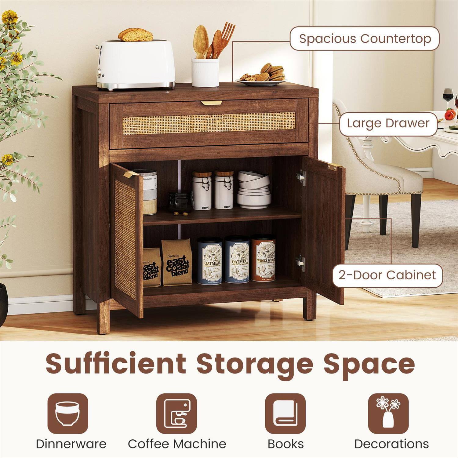 Spacious Countertop  
Large Drawer  
2-Door Cabinet  
Sufficient Storage Space  
Dinnerware  
Coffee Machine  
Books  
Decorations