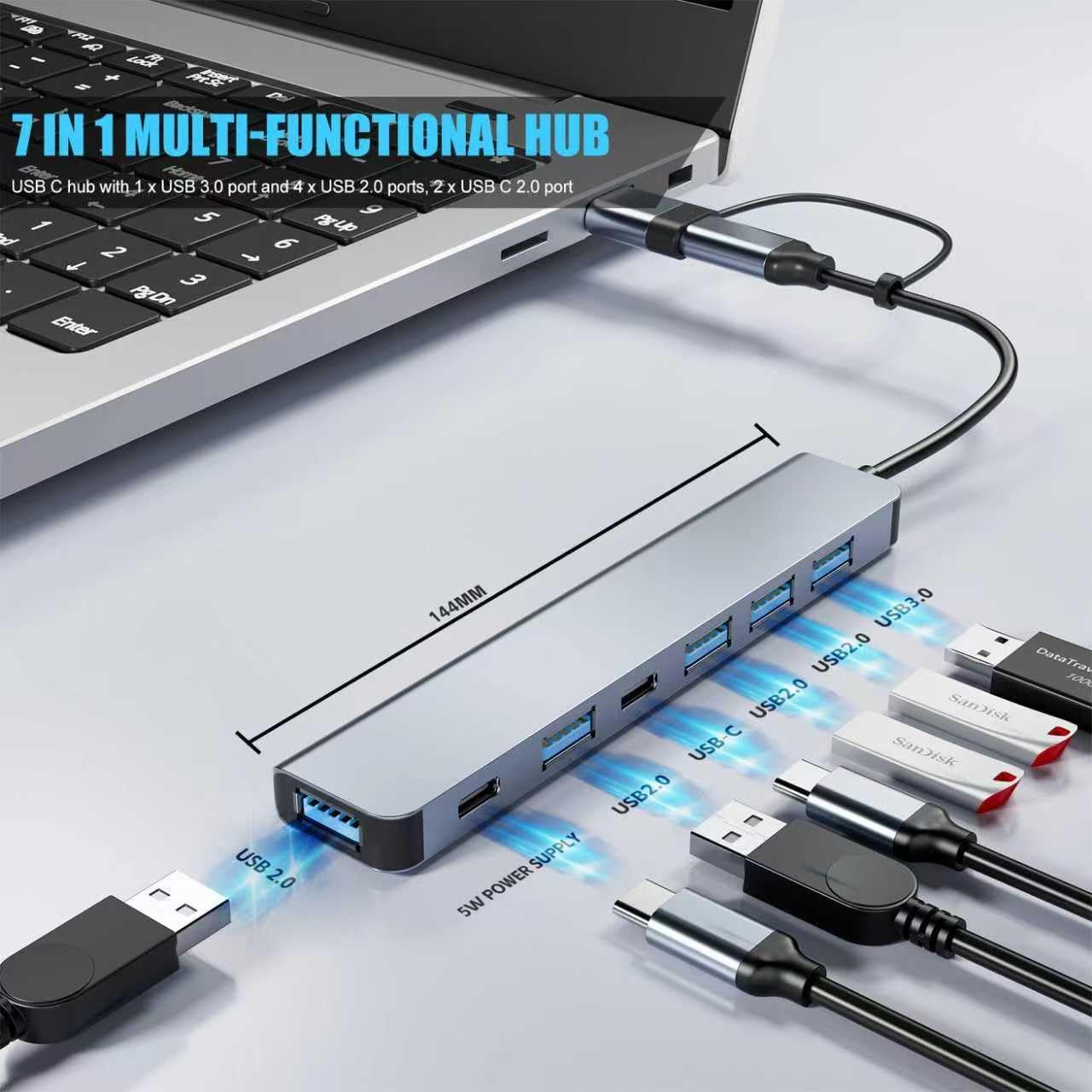 7 IN 1 MULTI-FUNCTIONAL HUB  
USB C hub with 1 x USB 3.0 port and 4 x USB 2.0 ports, 2 x USB C 2.0 port