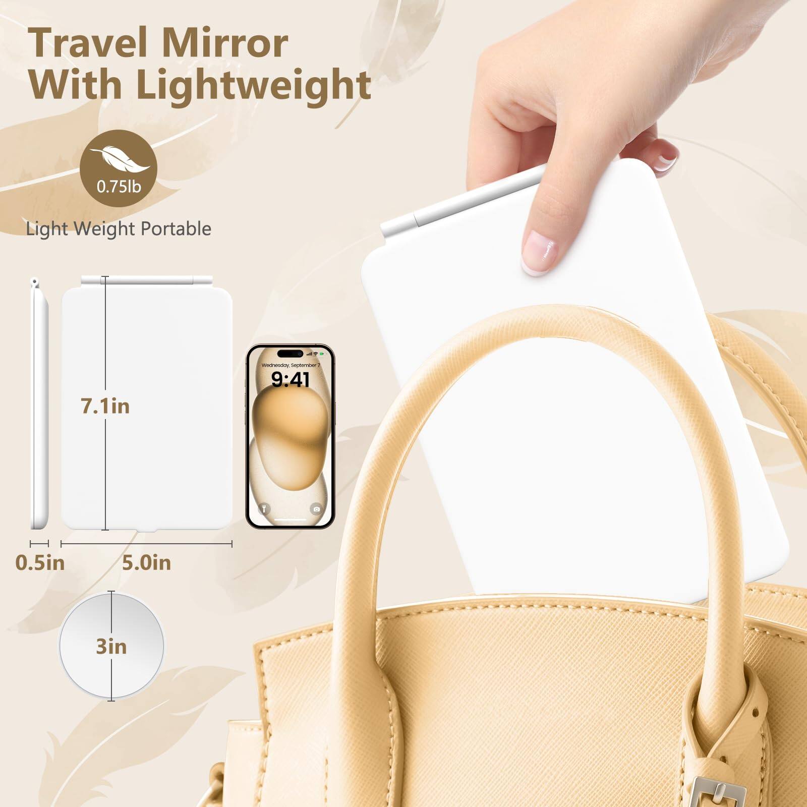 Travel Mirror With Lightweight  
0.75lb  
Light Weight Portable  

7.1in  
0.5in  
5.0in  
3in
