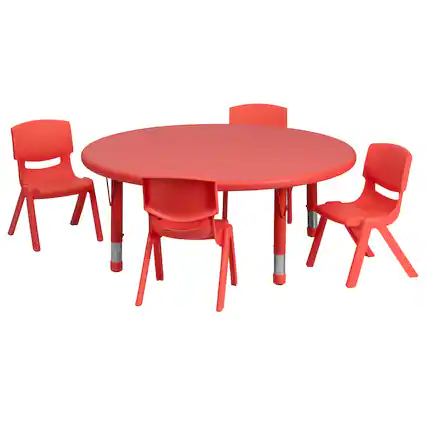 Front. Emma + Oliver - 45" Round Plastic Height Adjustable Activity Table Set with 4 Chairs - Red.