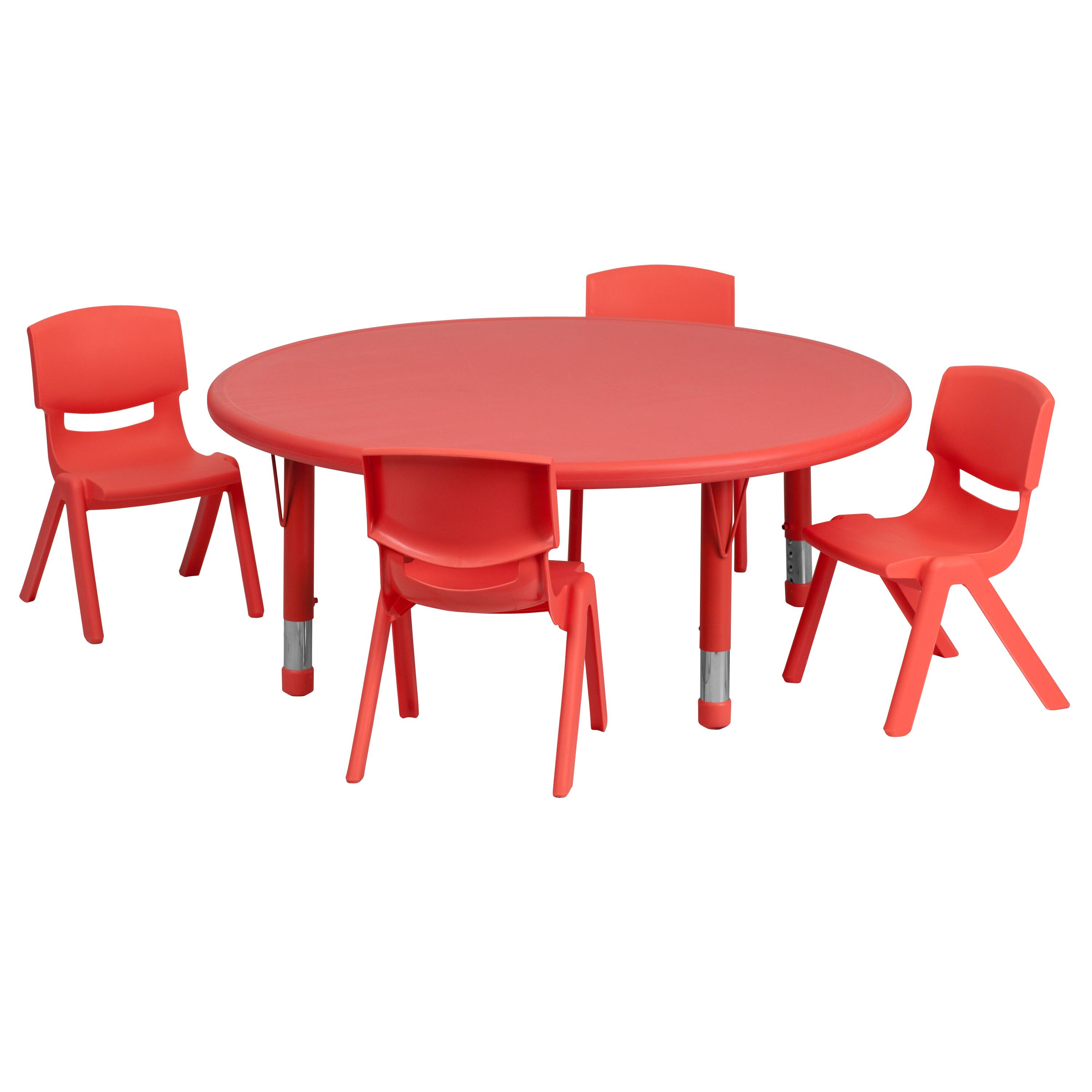 Front. Emma + Oliver - 45" Round Plastic Height Adjustable Activity Table Set with 4 Chairs - Red.