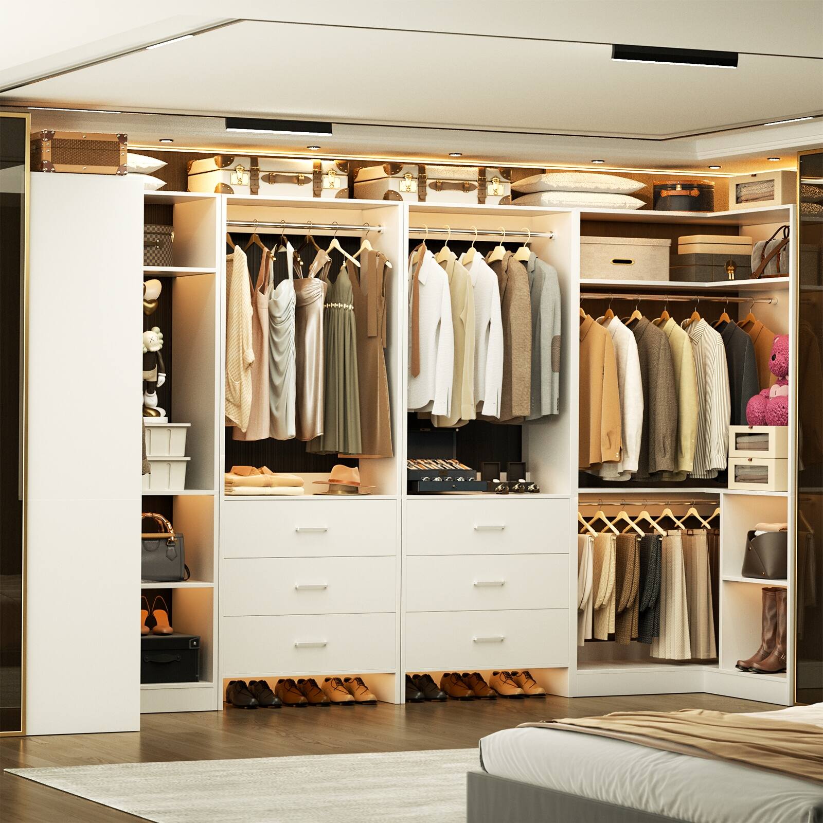 Back. Aheaplus - U-Shaped Closet Organizer System with 6 Drawers, 112.5" Walk-in Wardrobe System with Hanging Rods & Shelves, Set of 4 - White.