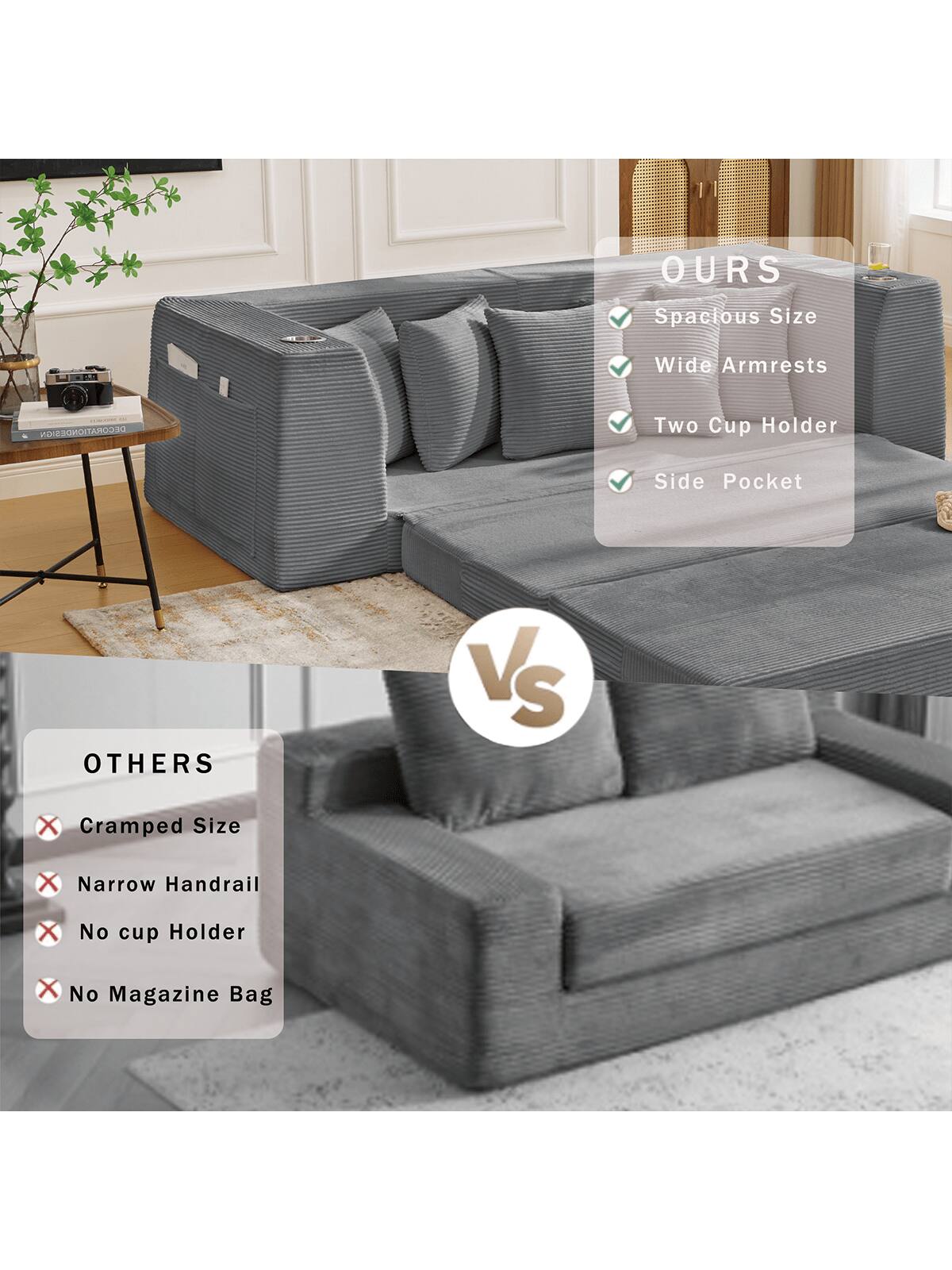 **OURS**  
- Spacious Size  
- Wide Armrests  
- Two Cup Holder  
- Side Pocket  

**VS**  

**OTHERS**  
- Cramped Size  
- Narrow Handrail  
- No Cup Holder  
- No Magazine Bag