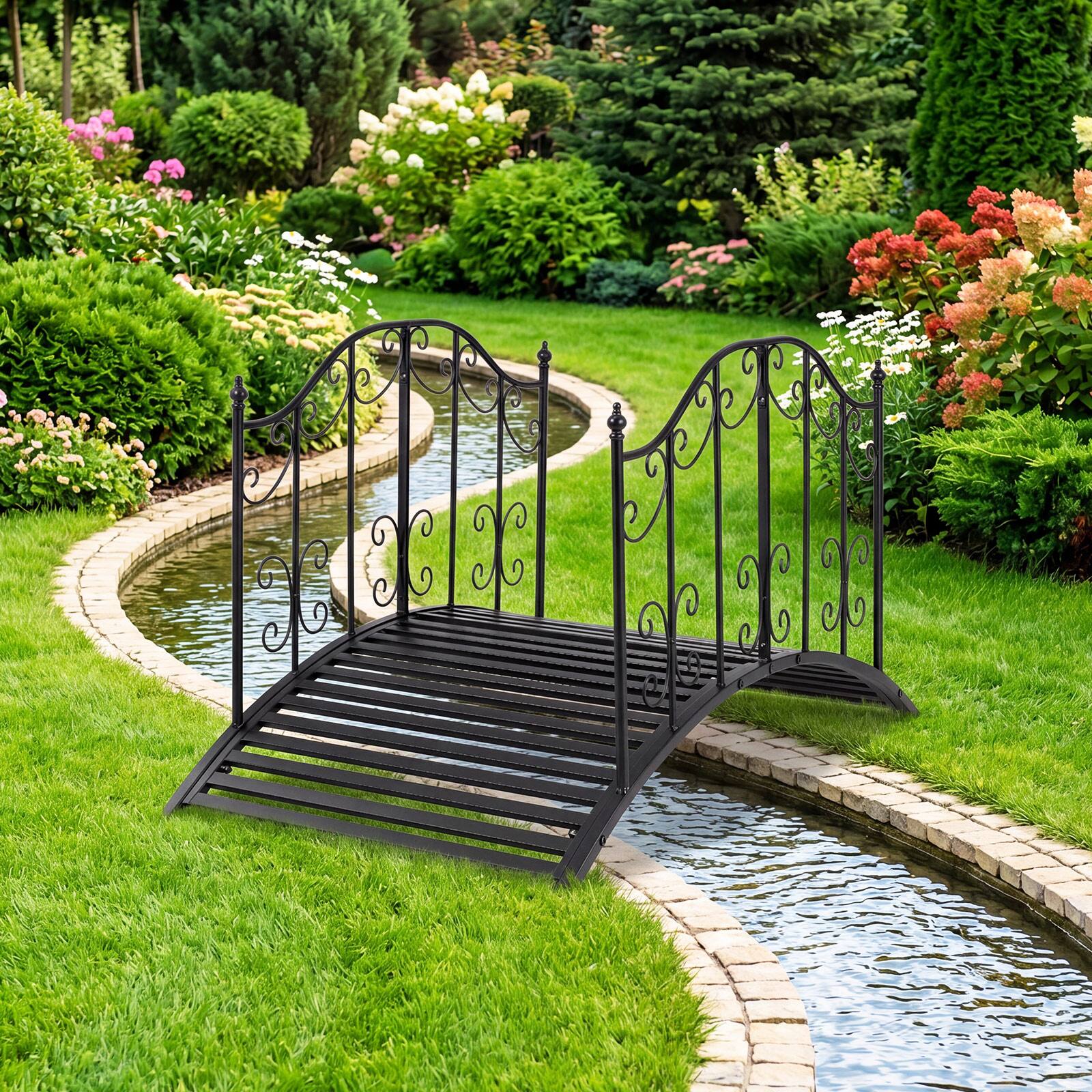 Alt View 1. Gymax - Gymax 3.9 ft Garden Metal Bridge Outdoor Arched Bridge w/Dual Patterned Side Rails - Black.