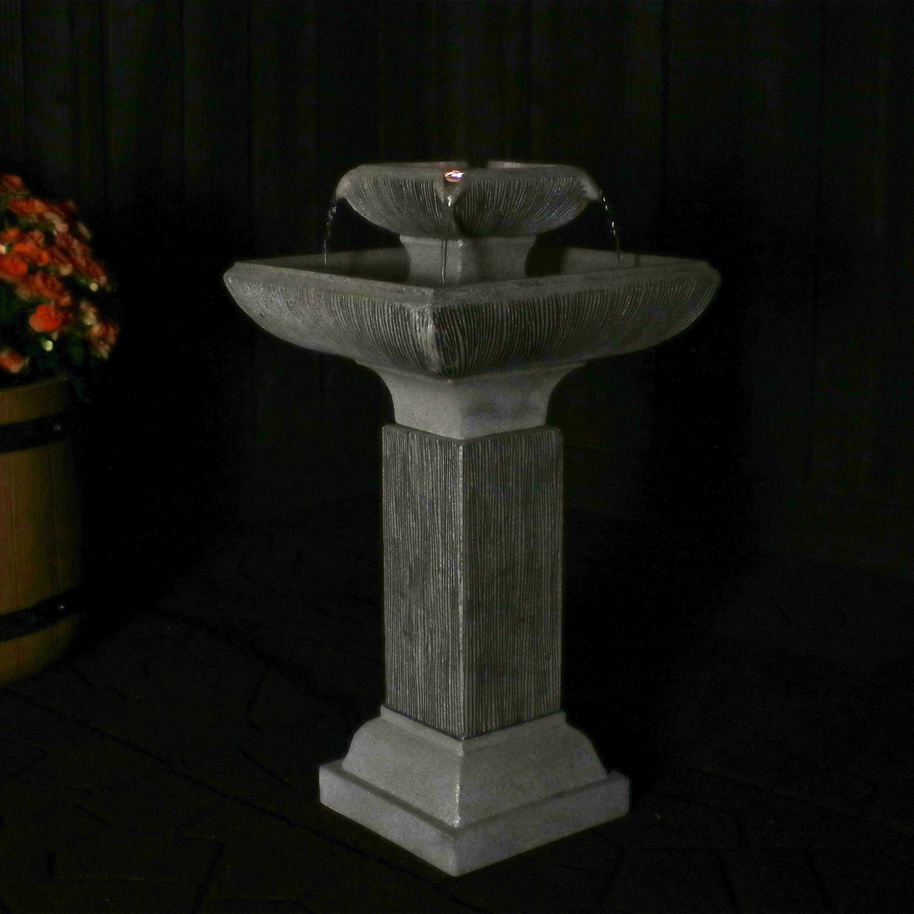 Alt View 5. Sunnydaze - Square Resin Outdoor 2-Tier Bird Bath Water Fountain with Lights - Grey.