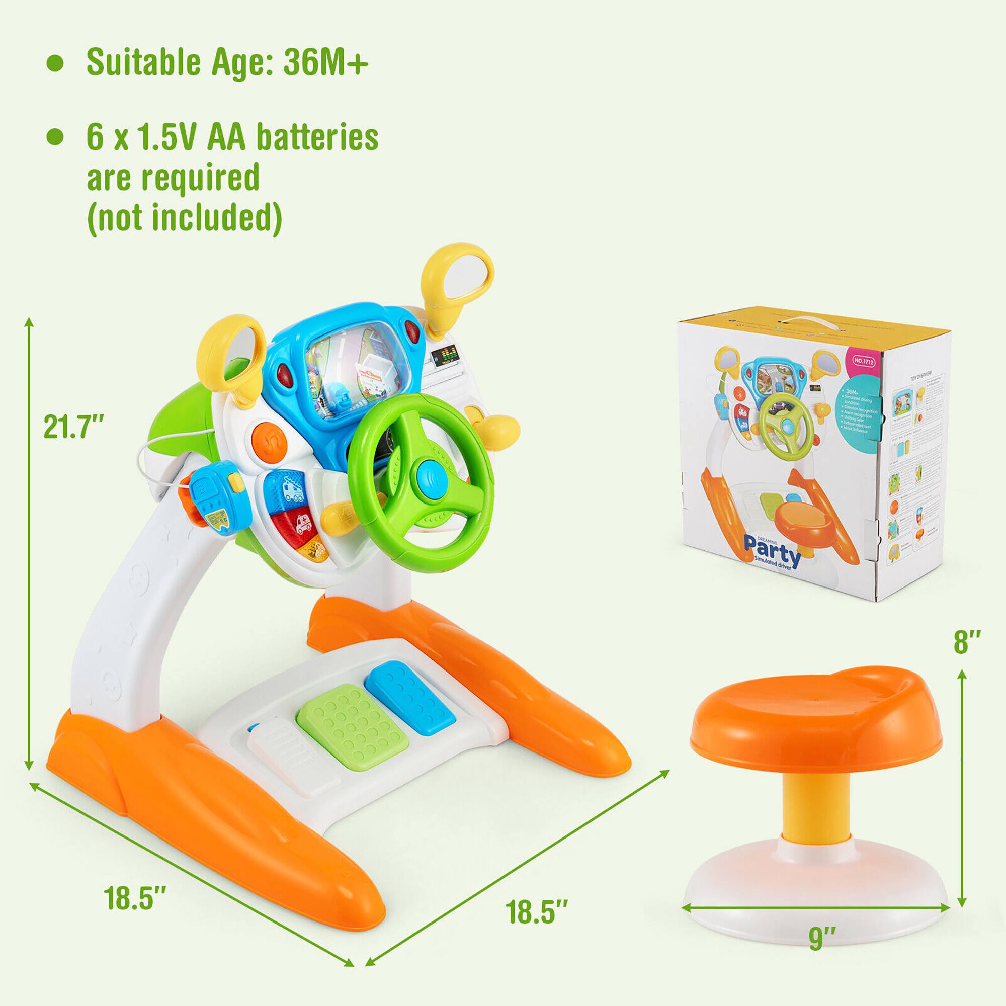 Suitable Age: 36M+  
6 x 1.5V AA batteries are required (not included)  

Dimensions:  
- Height: 21.7"  
- Width: 18.5"  
- Depth: 18.5"  
- Seat Height: 8"  
- Seat Diameter: 9"