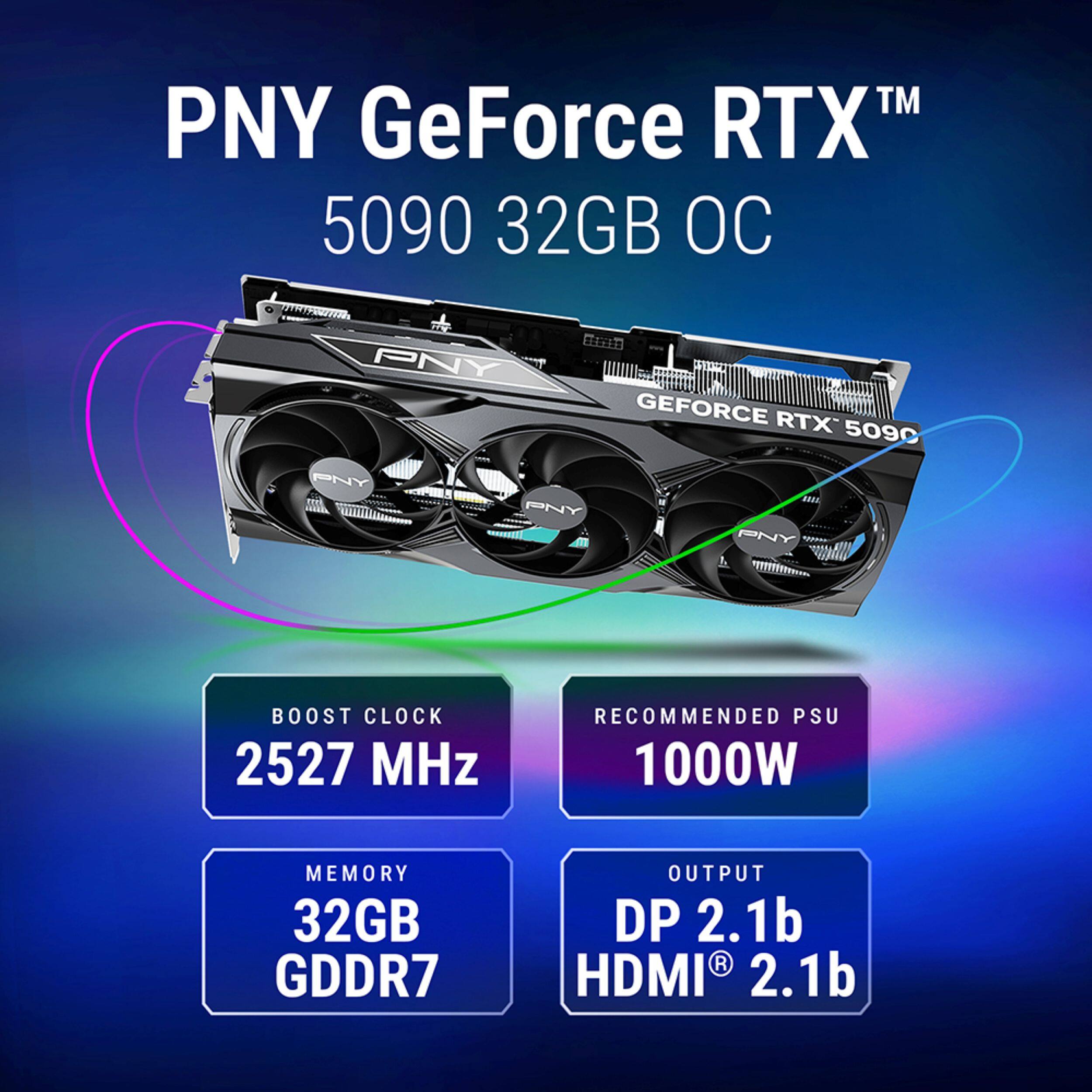 PNY GeForce RTX™ 5090 32GB OC

- BOOST CLOCK: 2527 MHz
- RECOMMENDED PSU: 1000W
- MEMORY: 32GB GDDR7
- OUTPUT: DP 2.1b, HDMI® 2.1b