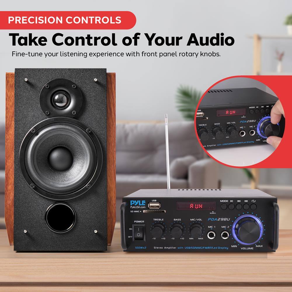 PRECISION CONTROLS

Take Control of Your Audio

Fine-tune your listening experience with front panel rotary knobs.

PYLE
PyleUSA.com

Stereo Amplifier with USB/SD/MMC/FM/MP3/LED Display

POWER
ON/OFF

TREBLE
BASS
MIC/VOL
MIC 1
MIC 2

VOLUME
MIN
MAX

100W x 2