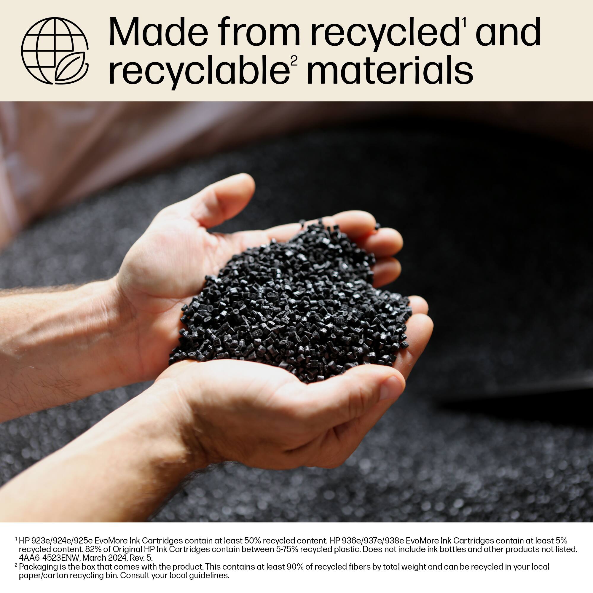 Made from recycled' and recyclable materials HP 923e/924e/925e EvoMore Ink Cartridges contain at least 50% recycled content. HP 936e/937e/938e EvoMore Ink Cartridges contain at least 5% recycled content. 82% of Original HP Ink Cartridges contain between 5-75% recycled plastic. Does not include ink bottles and other products not listed. 4AA6-4523ENW. March 2024. Rev. 5. This box contains at least 90% of recycled fibers by total weight and be in local Packaging comes from recycled paper/carton recycling bin. Consult your local guidelines.