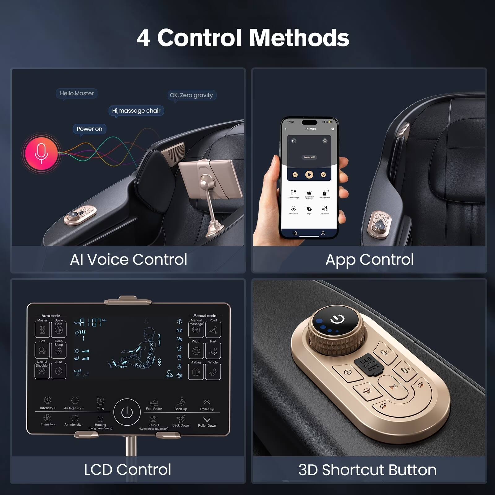 4 Control Methods

- AI Voice Control
  - Hello, Master
  - OK, Zero gravity
  - Hi, massage chair
  - Power on

- App Control

- LCD Control

- 3D Shortcut Button