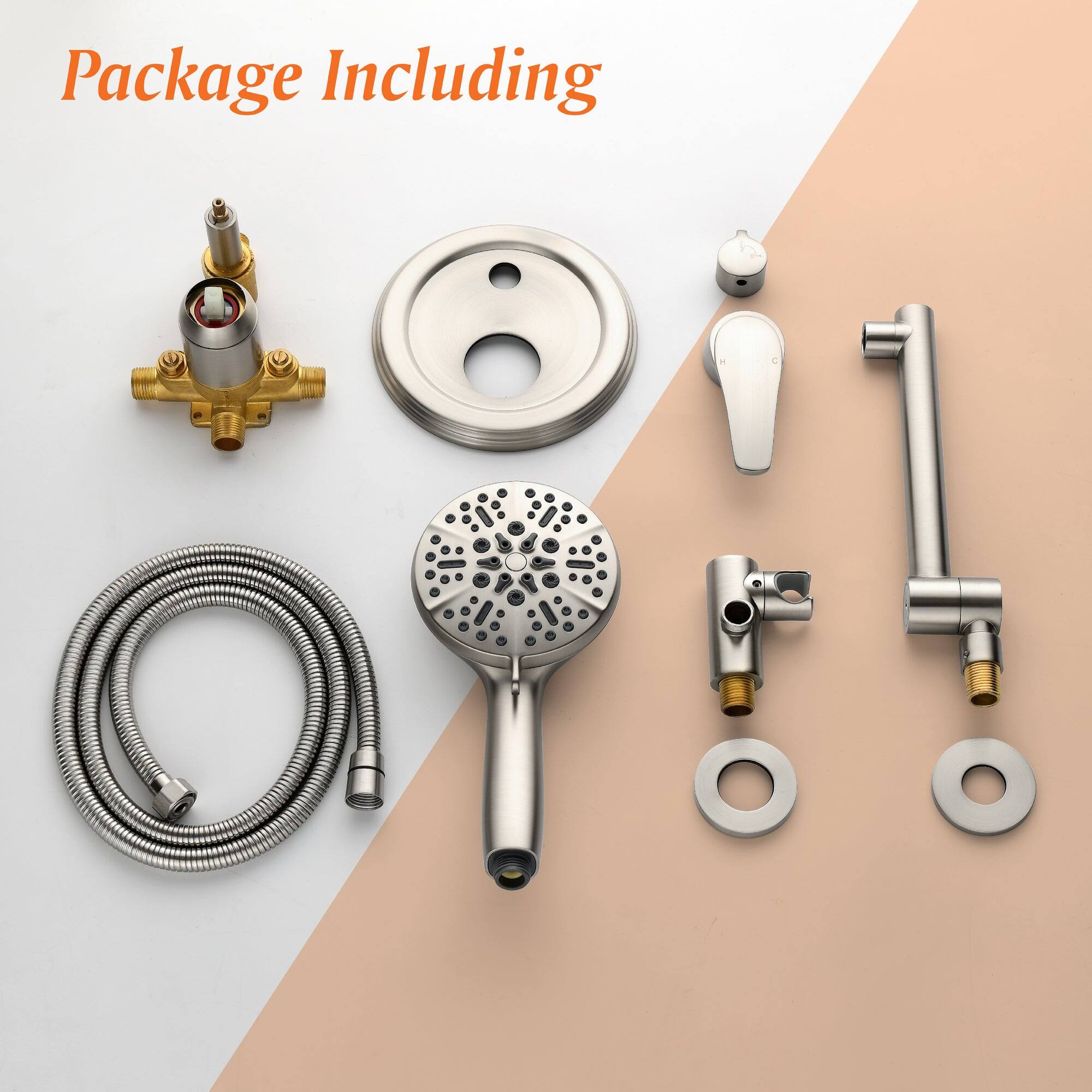 Package Including

- Showerhead
- Hose
- Faucet
- Valve
- Gaskets
- Mounting hardware