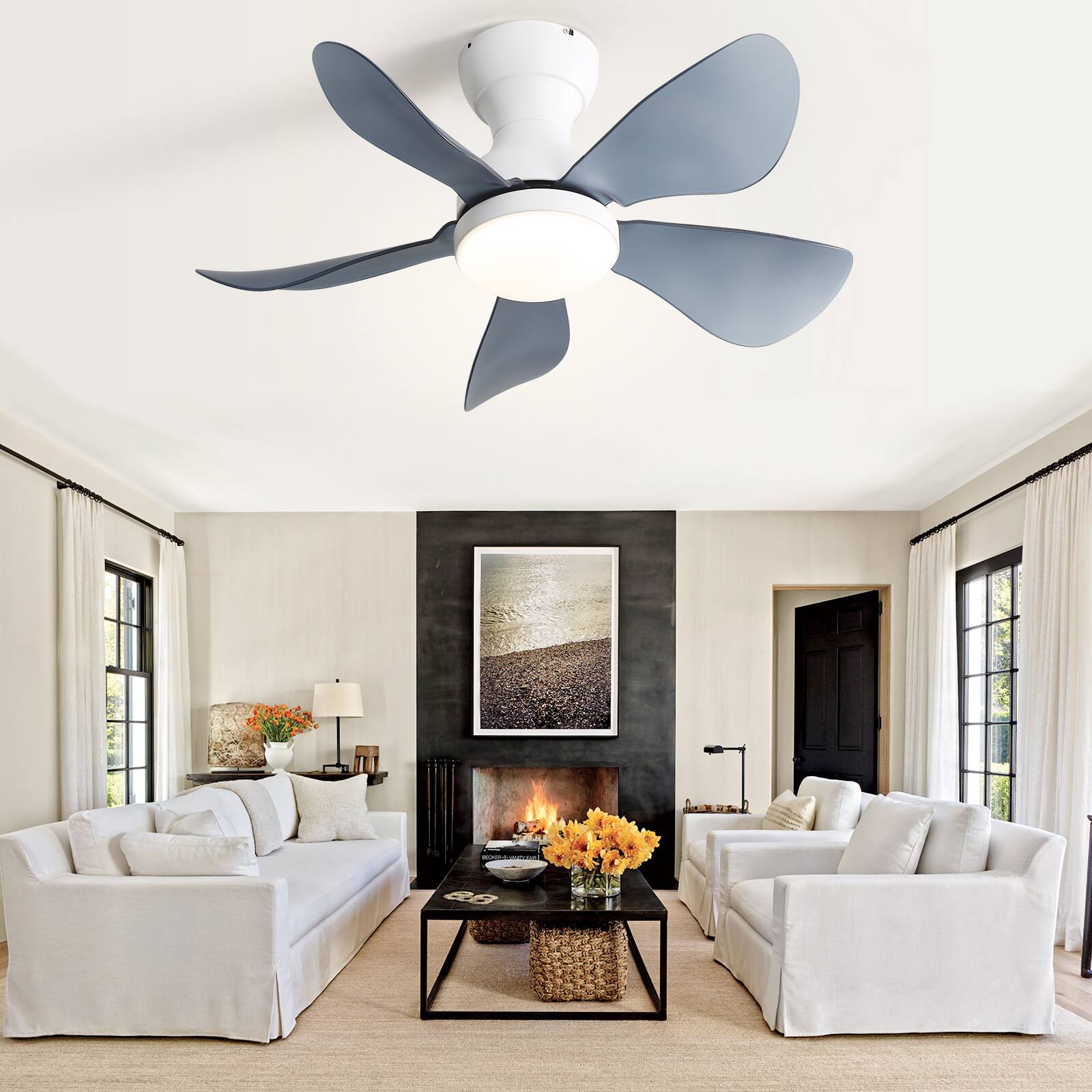 Alt View 3. Sofucor - 29'' Modern Low Profile Ceiling Fans With Light and Remote 6 Speeds Flush Mount Ceiling Fan for Bedroom Kitchen Dining - White.