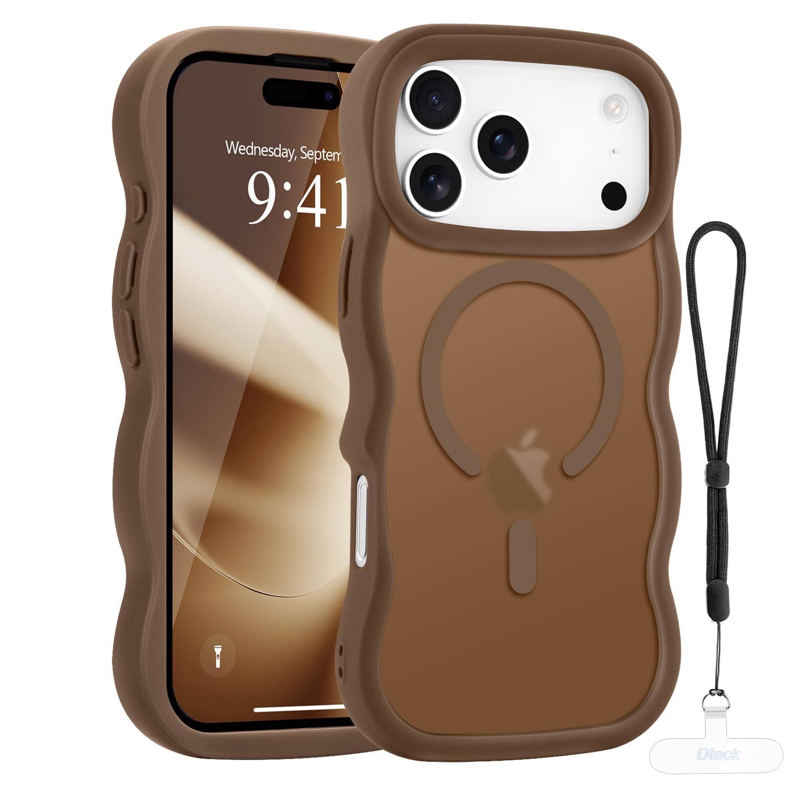 Dteck - Curly Wavy Frame Case for iPhone 17 Pro Max, Compatible with MagSafe, Shockproof Translucent Frosted Back Phone Cover - Brown