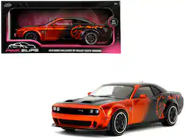Dodge Challenger SRT Hellcat Orange Metallic & Black "Pink Slips" Series 1/18 Diecast Model Car by Jada - Multicolor