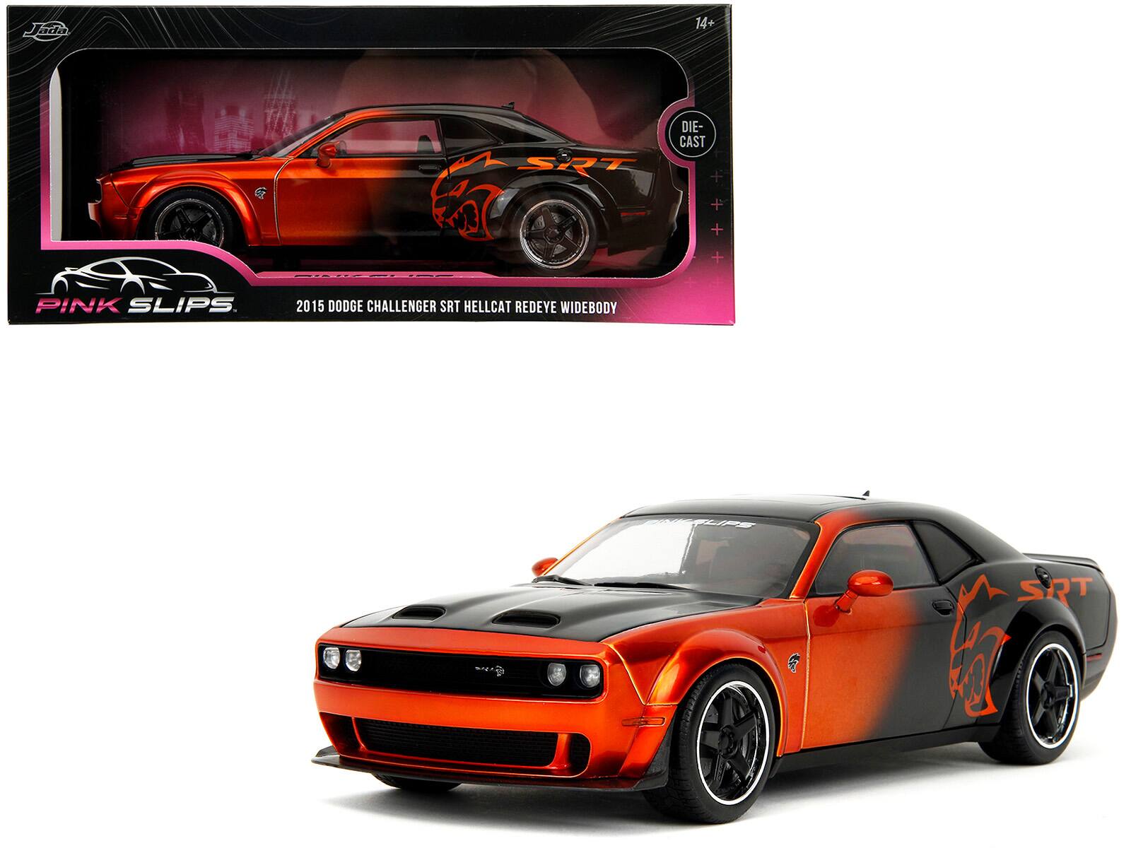 Dodge Challenger SRT Hellcat Orange Metallic & Black "Pink Slips" Series 1/18 Diecast Model Car by Jada - Multicolor
