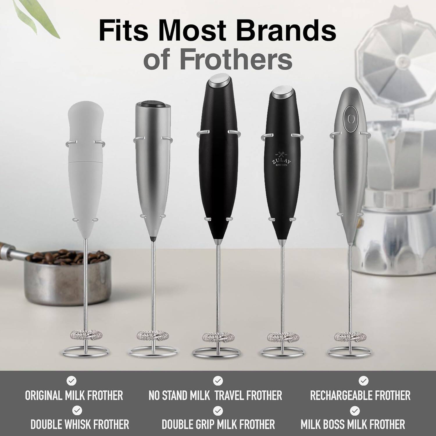 Fits Most Brands of Frothers

- ZULAY ORIGINAL MILK FROTHER
- NO STAND MILK TRAVEL FROTHER
- RECHARGEABLE FROTHER
- DOUBLE WHISK FROTHER
- DOUBLE GRIP MILK FROTHER
- MILK BOSS MILK FROTHER