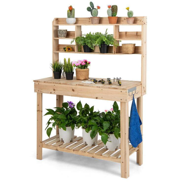 Front. SlickBlue - Large Garden Potting Bench with Display Rack and Hidden Sink for Outdoor Use - Natural.