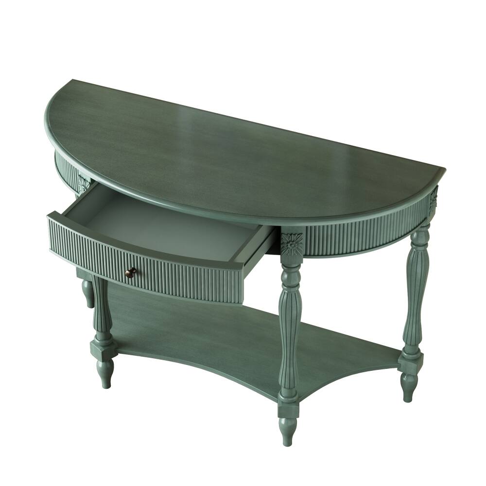 Alt View 7. Loheer - Loheer Antique Green Entryway Table, Solid Wood Half Moon Console Table with Drawer, Roman Column Legs, Semicircular - Antique Green.