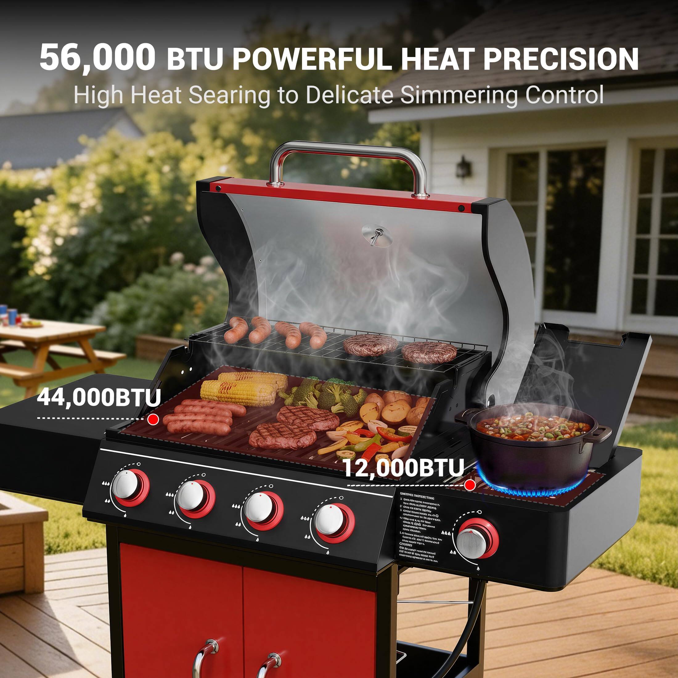 56,000 BTU POWERFUL HEAT PRECISION  
High Heat Searing to Delicate Simmering Control  
44,000 BTU  
12,000 BTU
