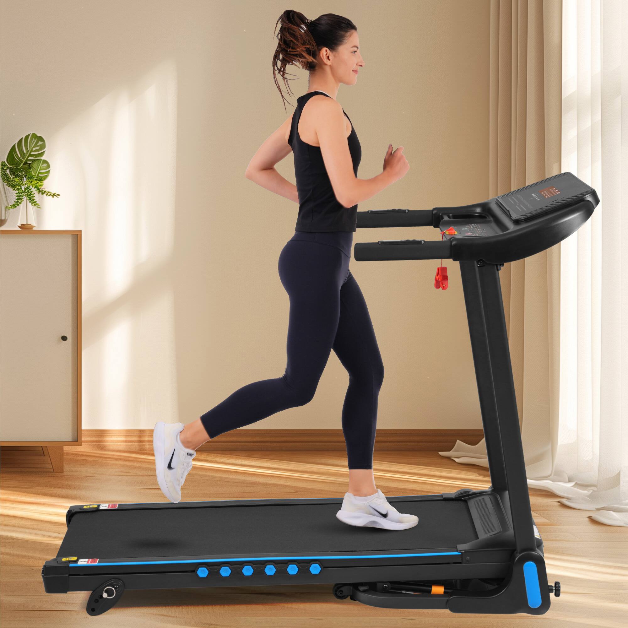 Angle. Spaco - Spaco 3.0HP Auto-Folding Treadmill, 350 lbs Capacity, 10MPH with Incline, Hydraulic System,Type C USB Charging,Bluetooth - Black.