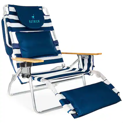 Front. Ostrich - Ostrich Deluxe 3N1 Outdoor Lawn Beach Lounge Chair with Footrest, Blue Stripe - Striped.