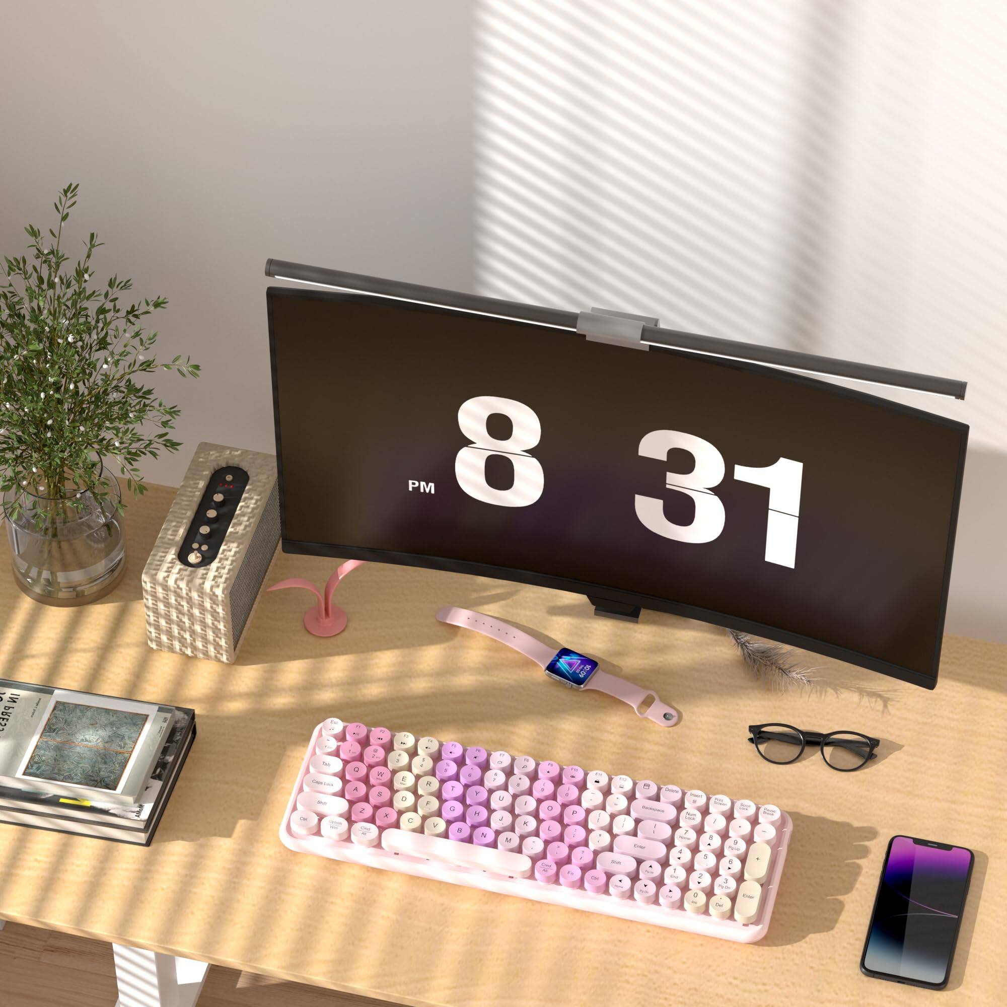 Left. HM 1810 - Wireless 2 Dual Mode Connect Up To 3 Devices Simultaneously Portable 100 key Retro Round Keycaps rainbow - Default.