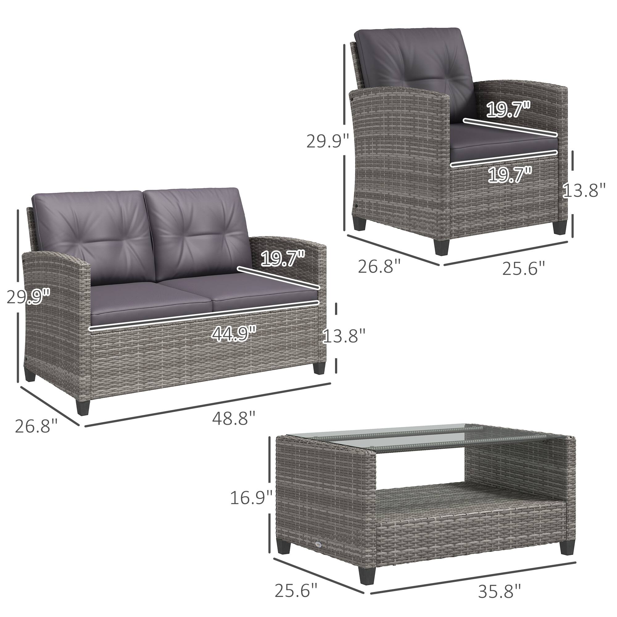 The text can be grouped as follows:

- Sofa dimensions:
  - Width: 44.9"
  - Depth: 29.9"
  - Height: 19.7"
  - Arm height: 19.7"
  - Seat height: 13.8"

- Armchair dimensions:
  - Width: 26.8"
  - Depth: 29.9"
  - Height: 19.7"
  - Arm height: 19.7"
  - Seat height: 13.8"

- Coffee table dimensions:
  - Width: 35.8"
  - Depth: 16.9"
  - Height: 25.6"