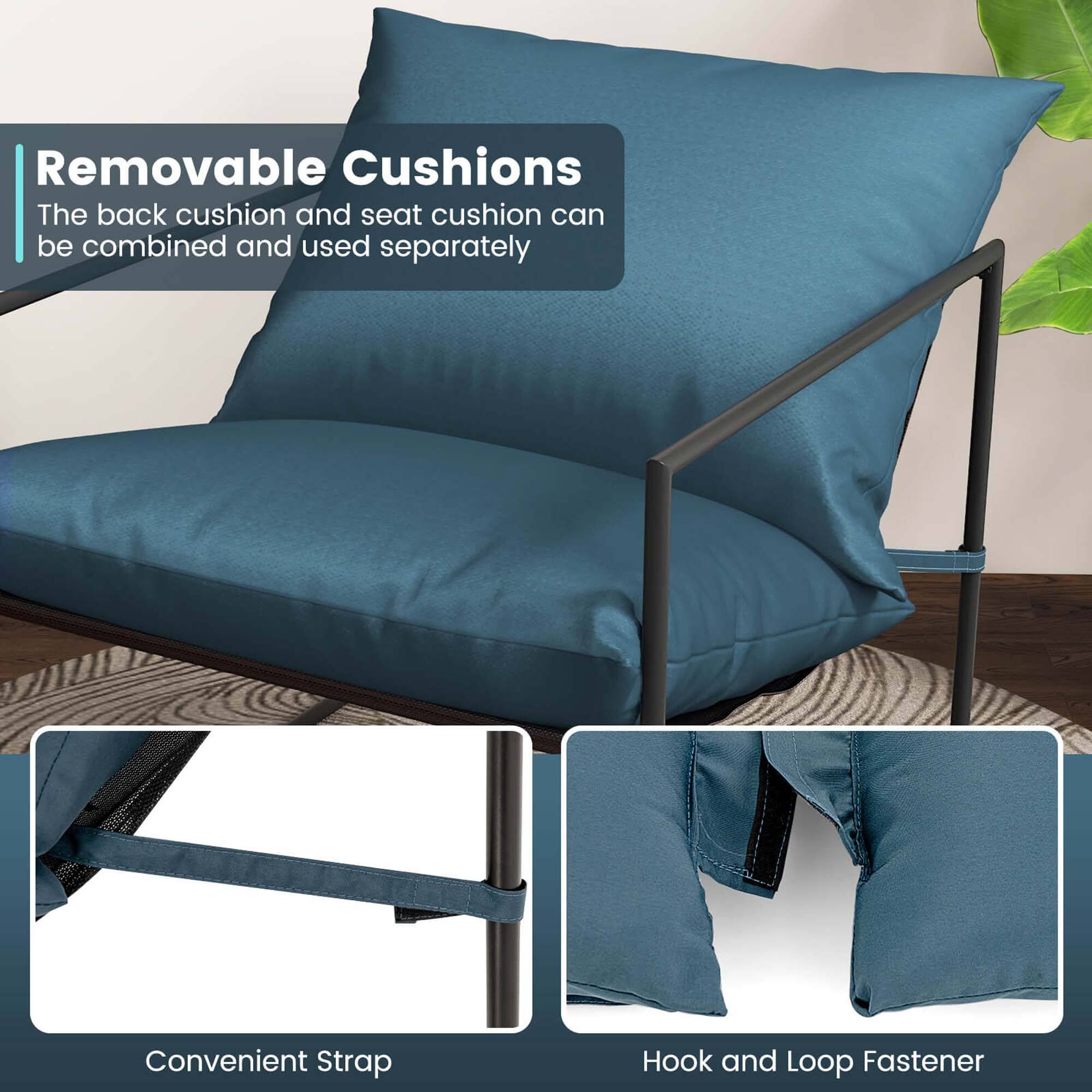 Removable Cushions  
The back cushion and seat cushion can be combined and used separately  

Convenient Strap  
Hook and Loop Fastener