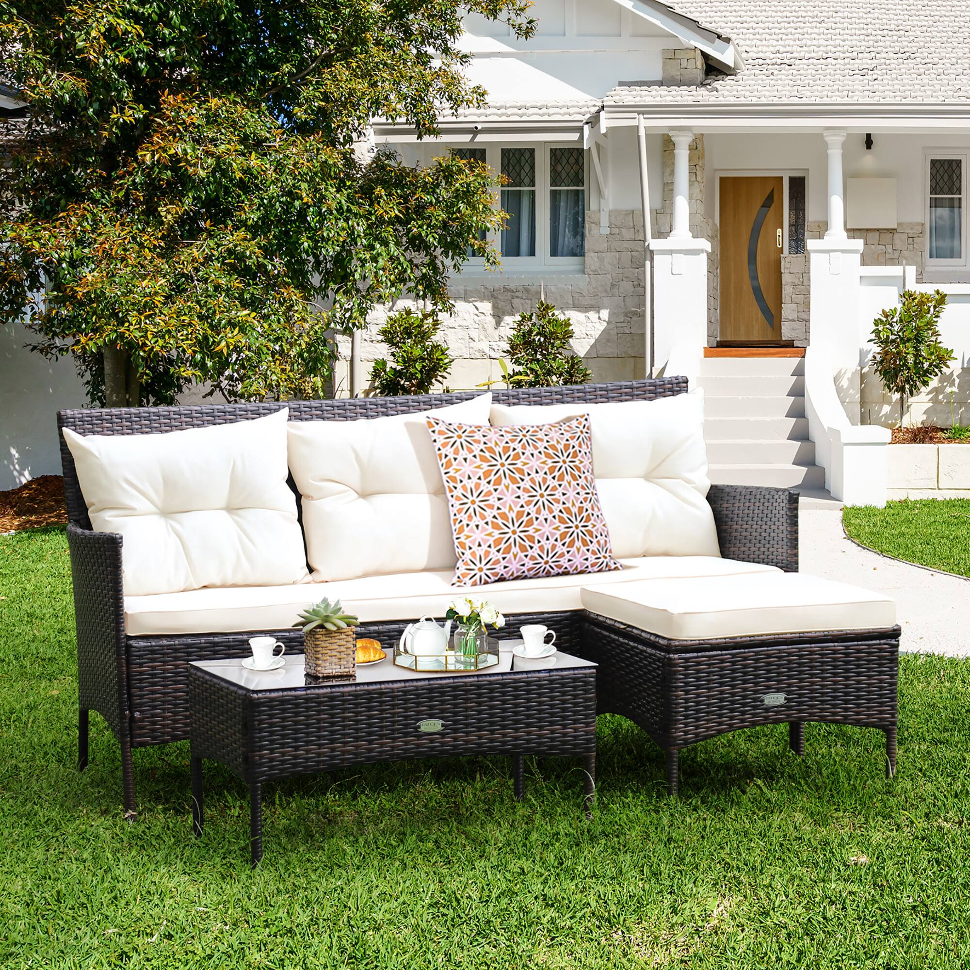 Alt View 1. Costway - Costway 3PCS Patio Rattan Furniture Set 3-Seat Sofa Cushioned Table Garden - Off White.