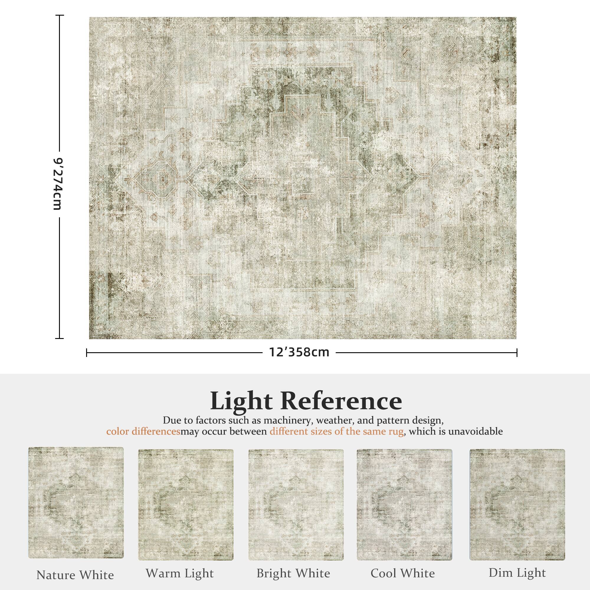 9'274cm 12'358cm Light Reference Due to factors such as machinery, weather, and pattern design, color differences may occur between different sizes of the same rug, which is unavoidable. Nature White Warm Light Bright White Cool White Dim Light