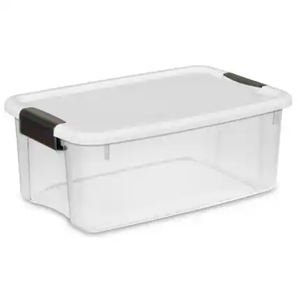 Front. Sterilite - Sterilite 18 Qt Clear Plastic Stackable Storage Bin w/ White Latch Lid, 18 Pack.