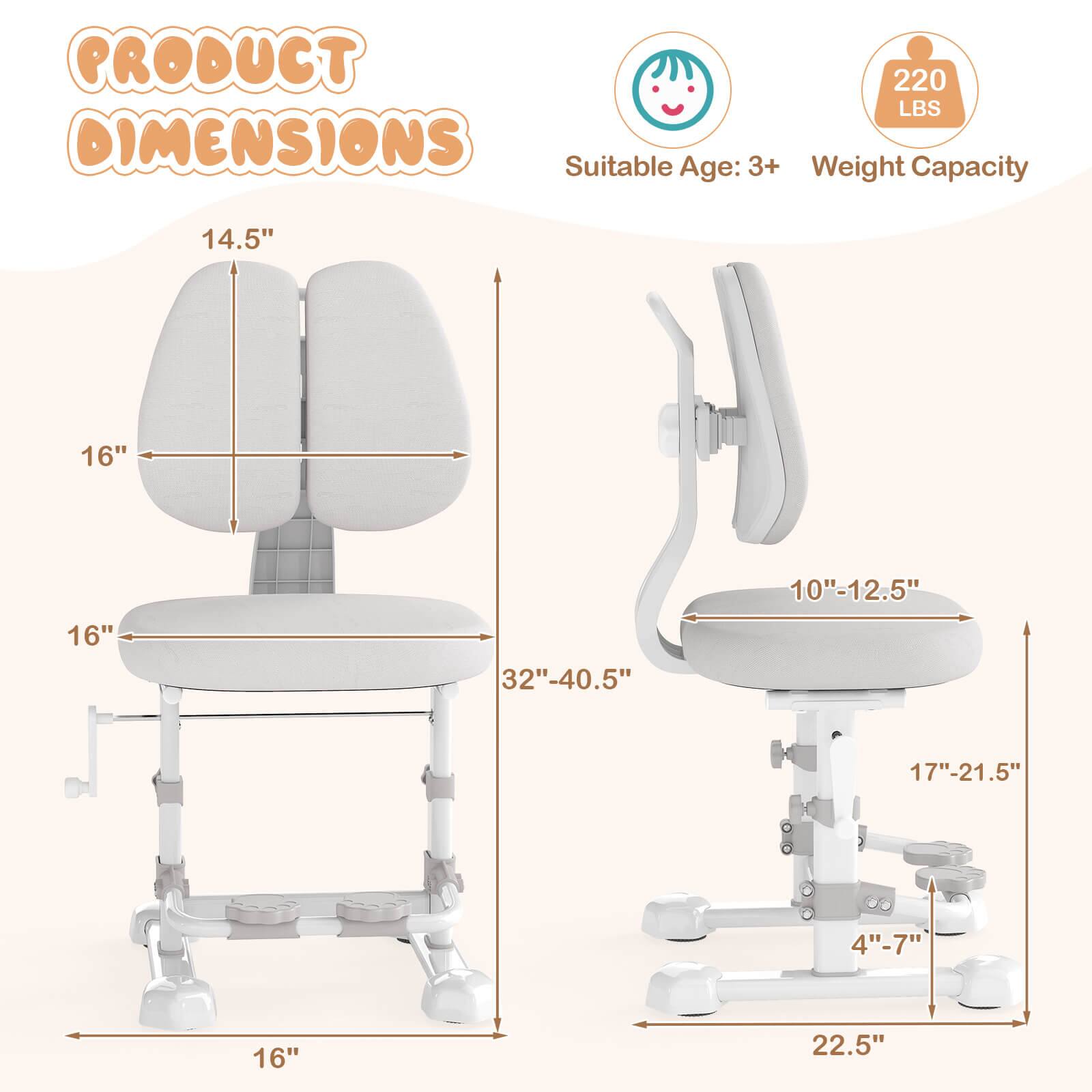 **PRODUCT DIMENSIONS**

- **Suitable Age:** 3+
- **Weight Capacity:** 220 LBS

**Dimensions:**

- **Left Side:**
  - Width: 16"
  - Depth: 16"
  - Height: 14.5"
  - Overall Height: 32"-40.5"

- **Right Side:**
  - Seat Height: 10"-12.5"
  - Seat Depth: 17"-21.5"
  - Armrest Height: 4"-7"
  - Overall Width: 22.5"