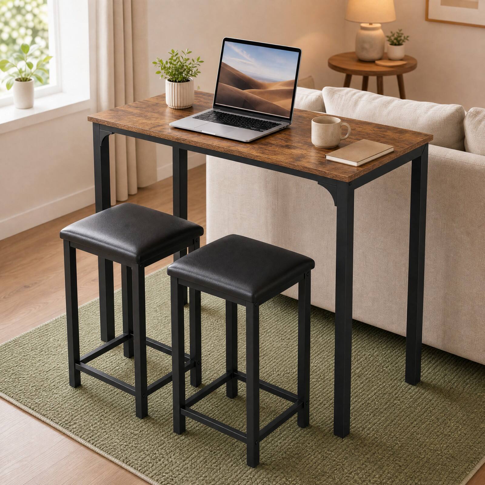 Alt View 3. Gymax - Gymax Set of 3 Counter-Height Dining Table Set Rectangle Bar Table w/ 2 Upholstered Stools Padded Seats Metal Legs - Brown.