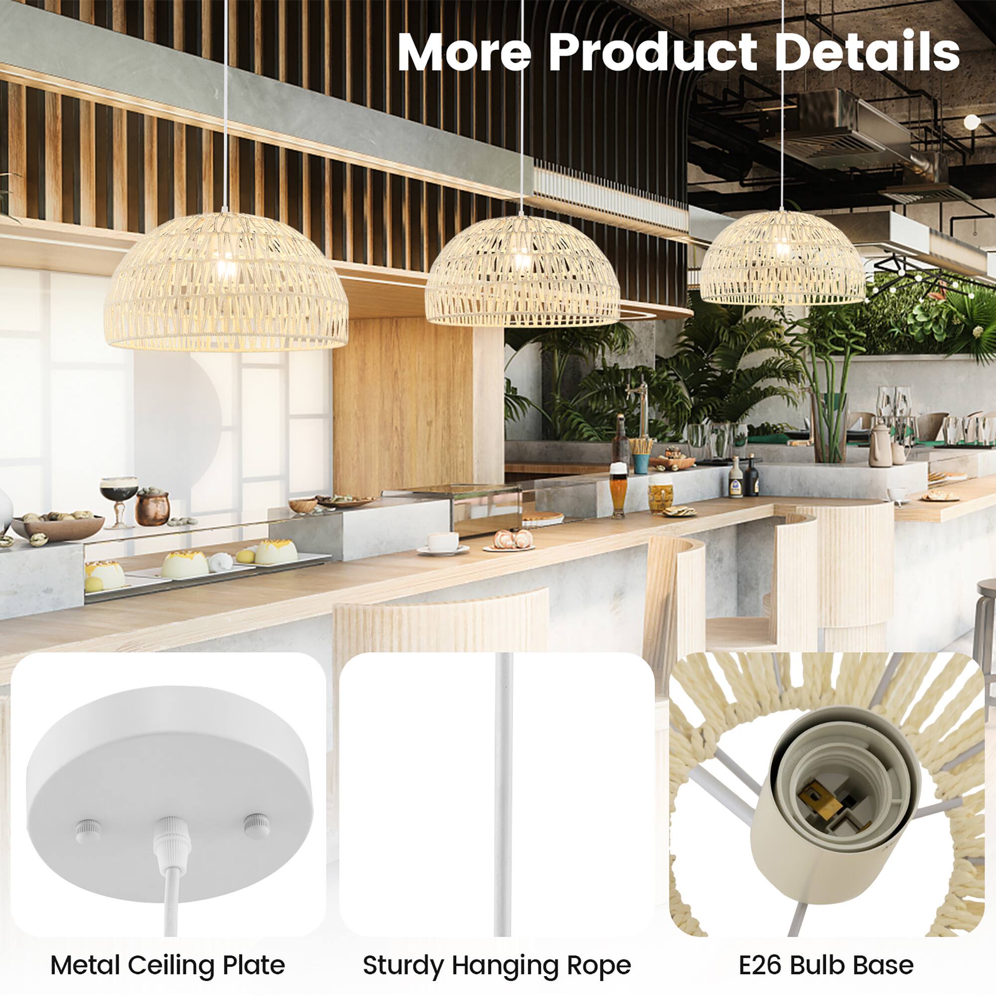 More Product Details

- Metal Ceiling Plate
- Sturdy Hanging Rope
- E26 Bulb Base