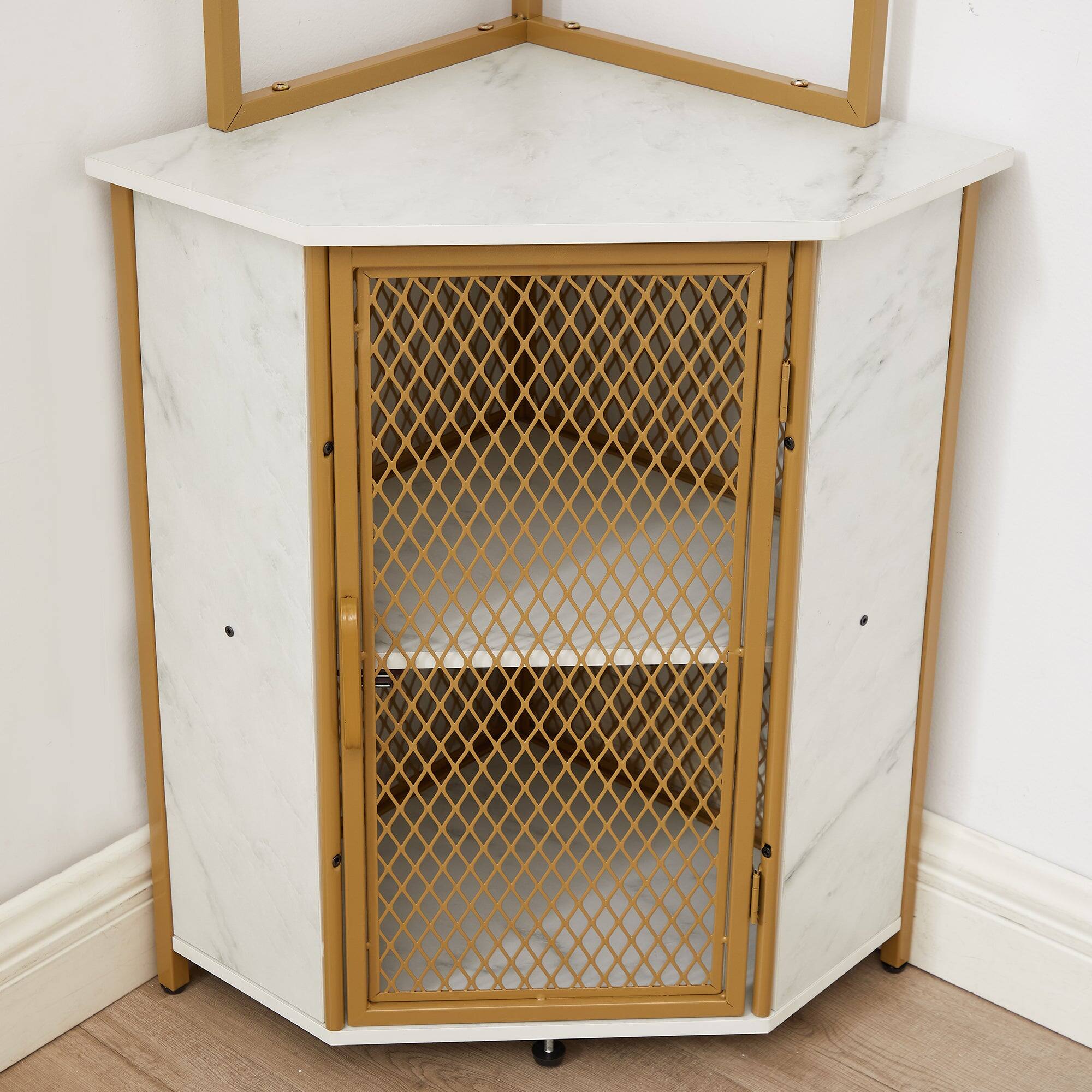 Alt View 1. Vecelo - Rustic Triangle Corner Shelf with Cabinet, 4-Tier Corner Storage Unit & Glass Holders for Living Room & Bedroom - Gold.