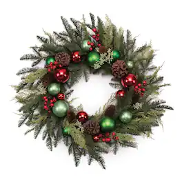 BreeBe - Mixed Pine Ornament and Pincone Wreath 28"D - Green, Red, Blue