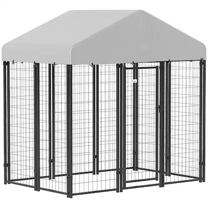 Front. Pawhut - Dog Kennel with Roof with Escape-proof Lock, UV-Resistant & Waterproof Cover - Silver.