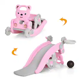Costway - 4-in-1 Rocking Horse & Slide Set Toddler Slide Playset w/Basketball Hoop - Pink