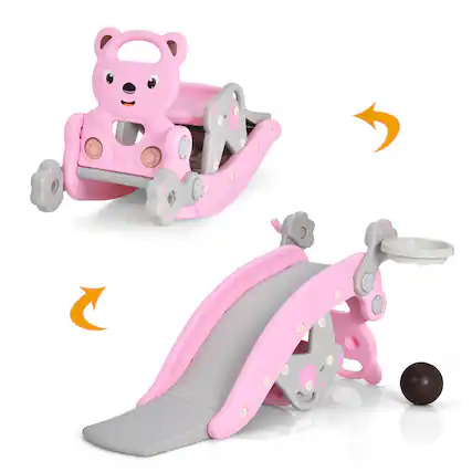 Front. Costway - Costway 4-in-1 Rocking Horse & Slide Set Toddler Slide Playset w/Basketball Hoop - Pink.