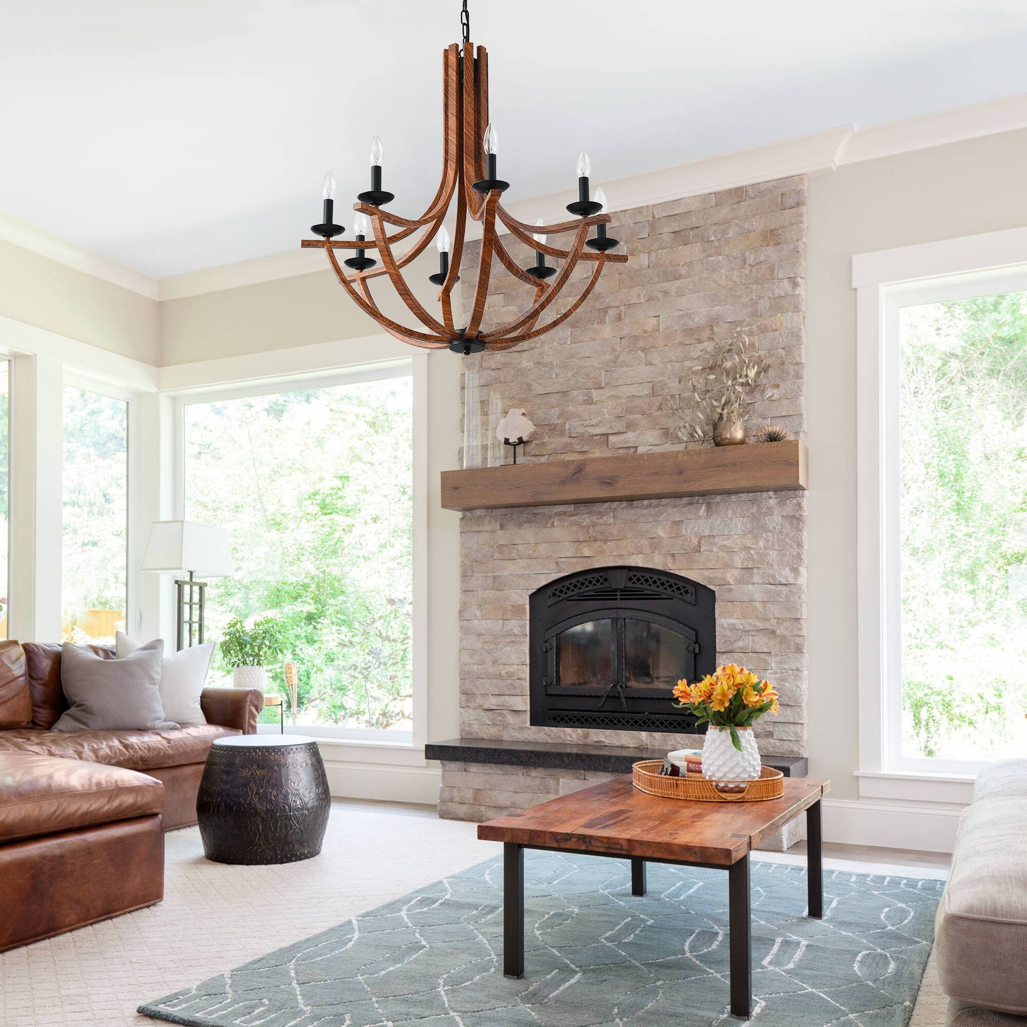 Alt View 1. RYHNUYNE - 30"Farmhouse Chandelier,8-Light Dining Room Light Fixture,Rustic Chandelier Wooden Light Fixtures for Living Room Foyer - Brown.