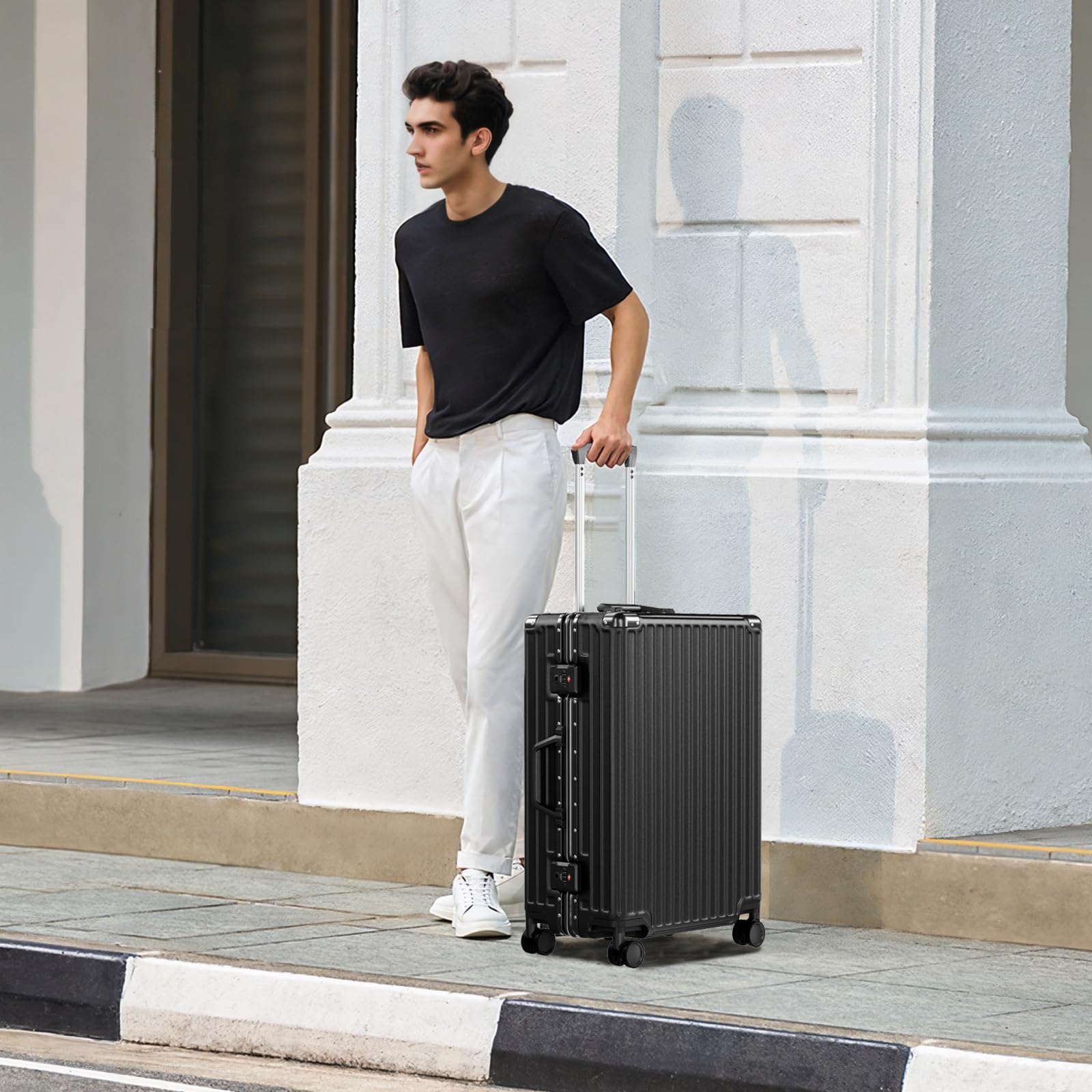 Alt View 1. Brick Attic - 24 Inch Luggage PC+ABS Aluminum Frame Zipperless Checked Luggage Hard Shell Suitcase with TSA Lock Double Spinner Wheels - Black.