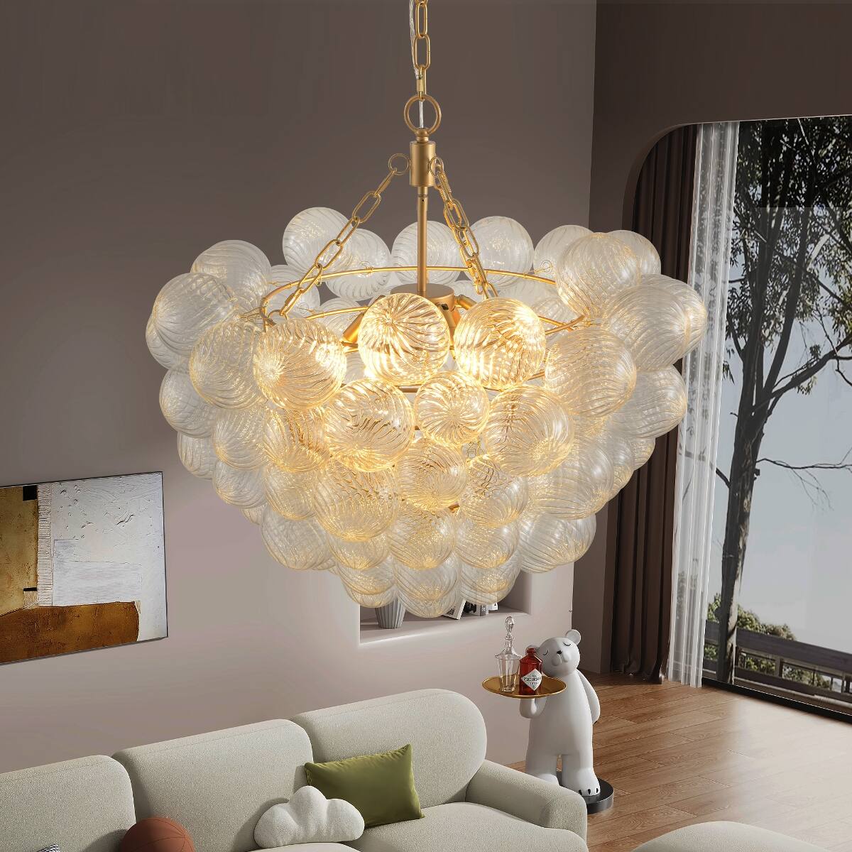 Alt View 2. Loheer - Loheer Gold Pendant Light Chandelier with Threaded Clear Glass Globe Shade, Adjustable Height.