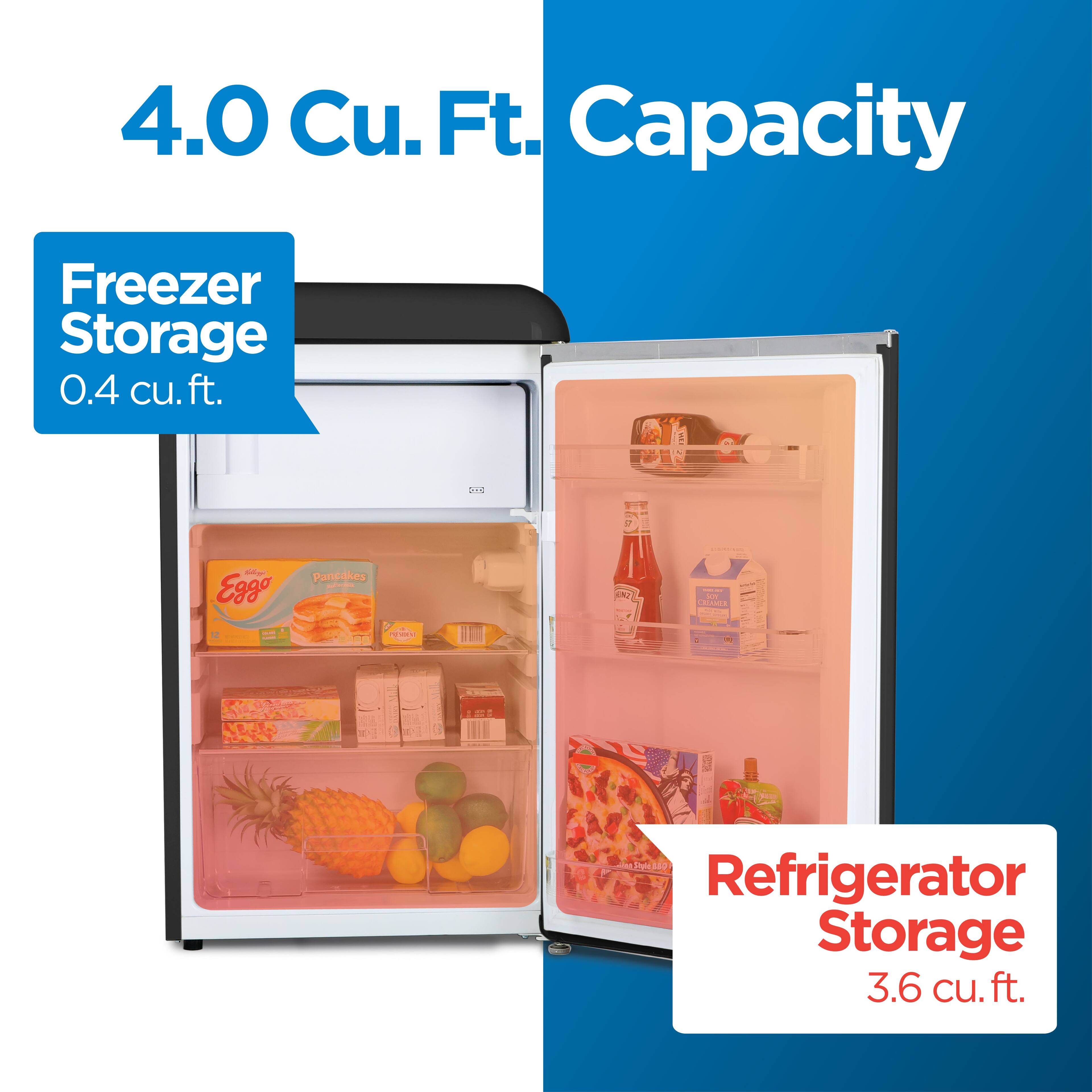 4.0 Cu. Ft. Capacity
Freezer Storage 0.4 cu. ft.
Refrigerator Storage 3.6 cu. ft.
