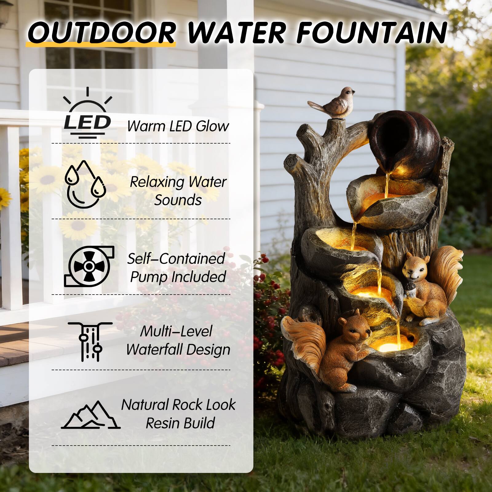 OUTDOOR WATER FOUNTAIN

- LED Warm LED Glow
- Relaxing Water Sounds
- Self-Contained Pump Included
- Multi-Level Waterfall Design
- Natural Rock Look Resin Build