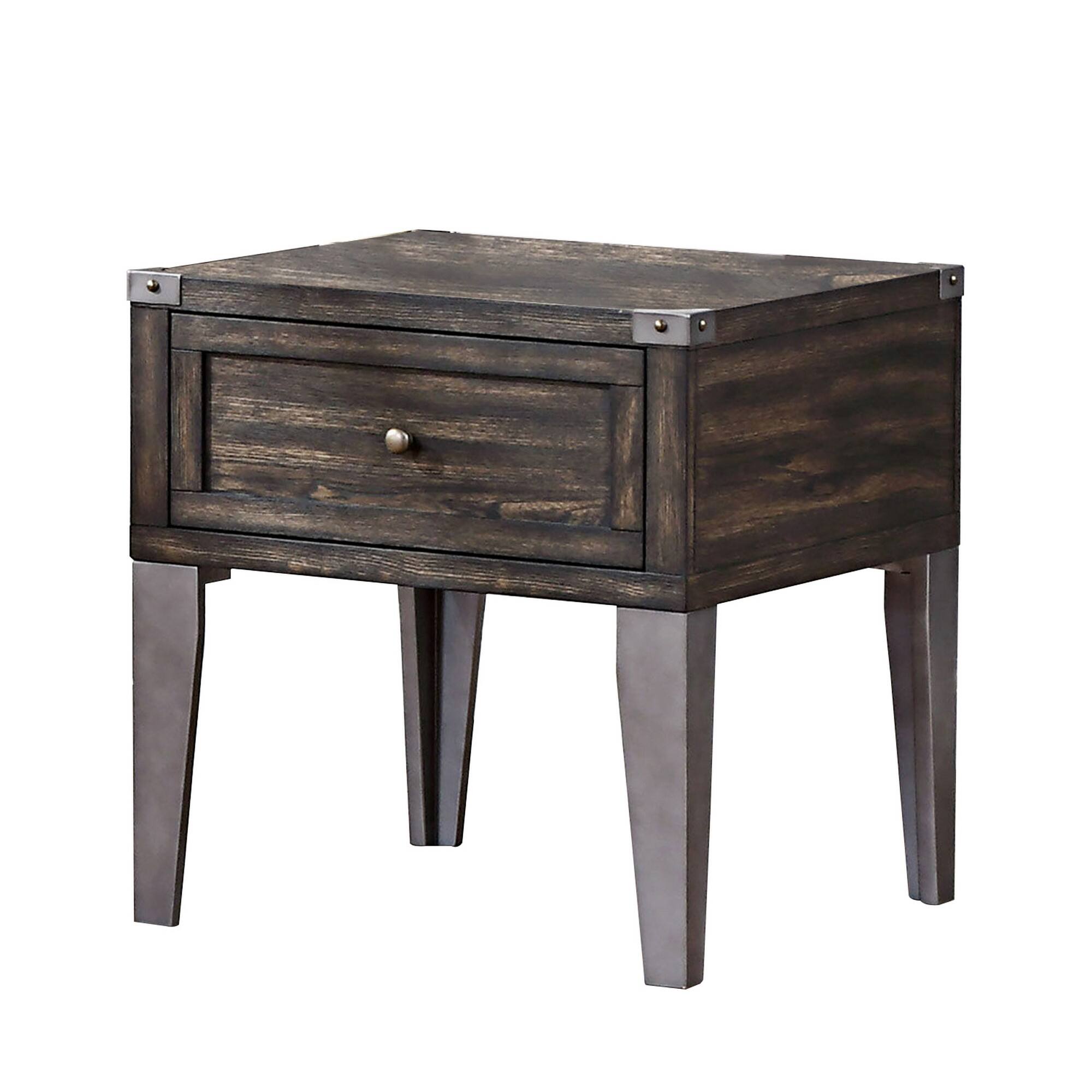 Front. Manhattan Lane - 1 Drawer Wooden End Table with Metal Angled Legs - Brown.