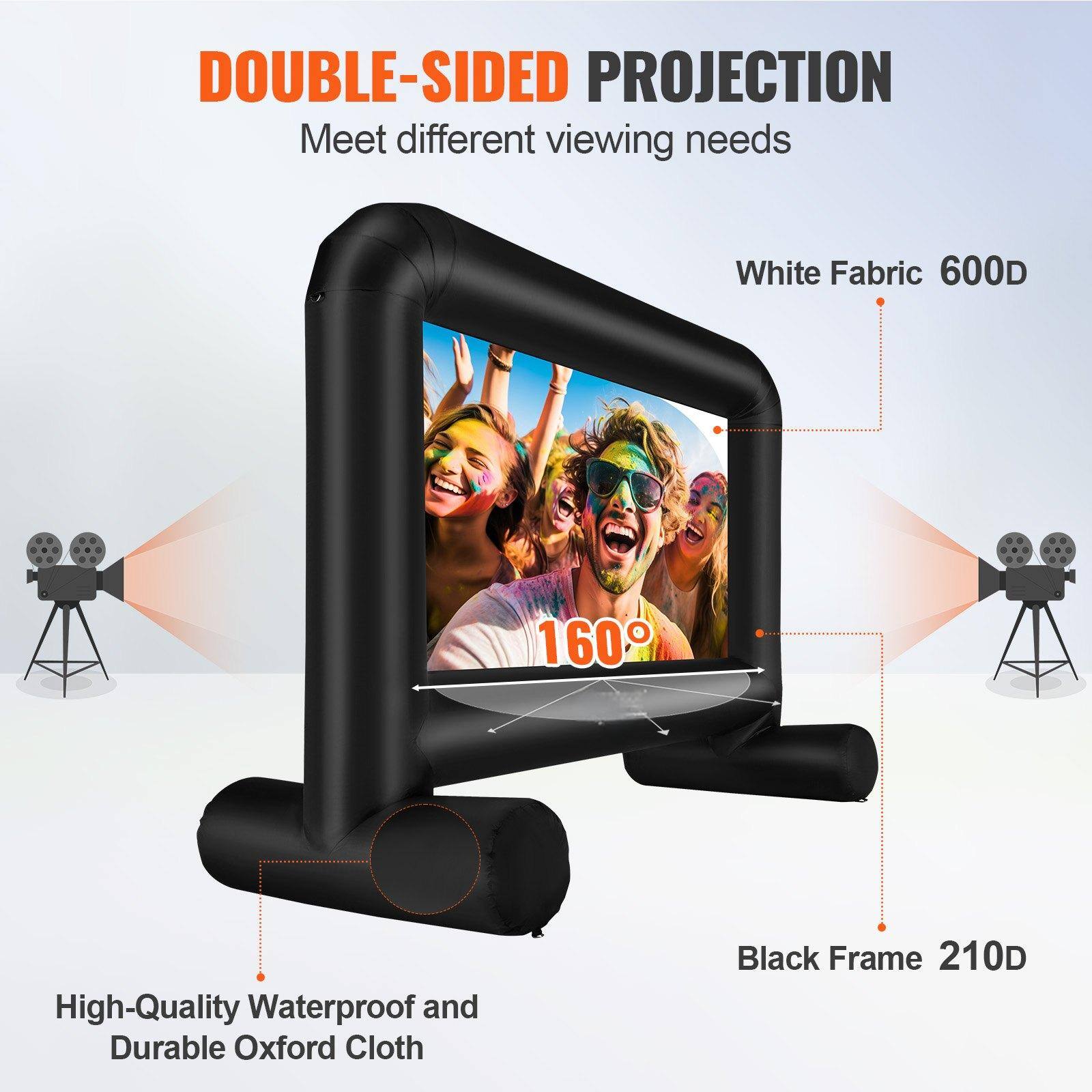 DOUBLE-SIDED PROJECTION  
Meet different viewing needs  

White Fabric 600D  

High-Quality Waterproof and Durable Oxford Cloth  

Black Frame 210D  

160°