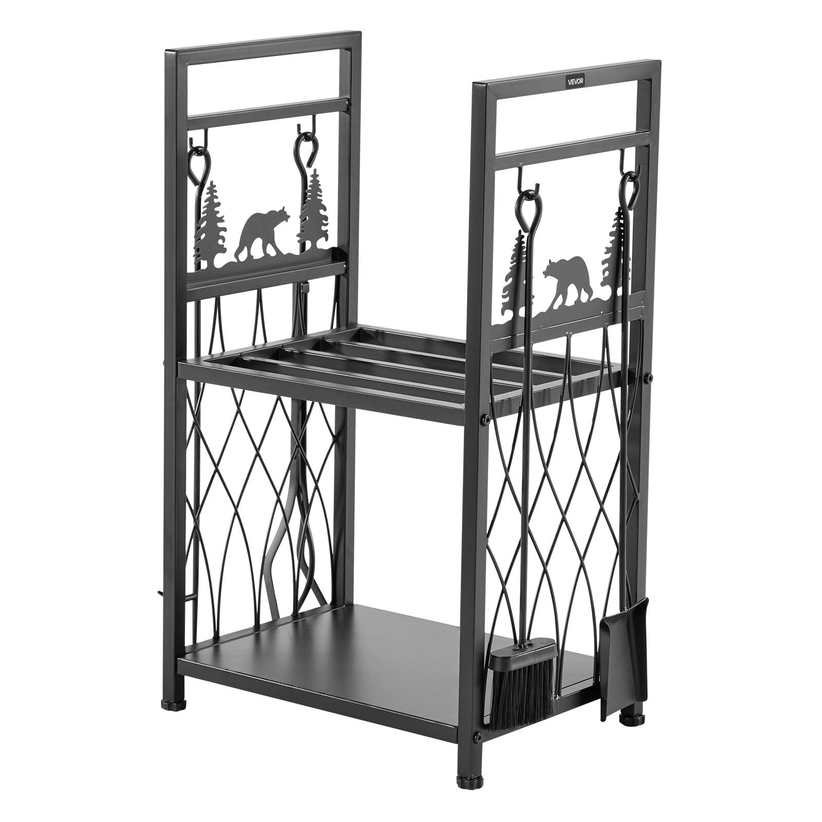 Alt View 5. VEVOR - Indoor Firewood Rack, 1.3 ft 2-Tier Firewood Holder with Fireplace Tools, Brush, Shovel, Poker, Tongs - Black.